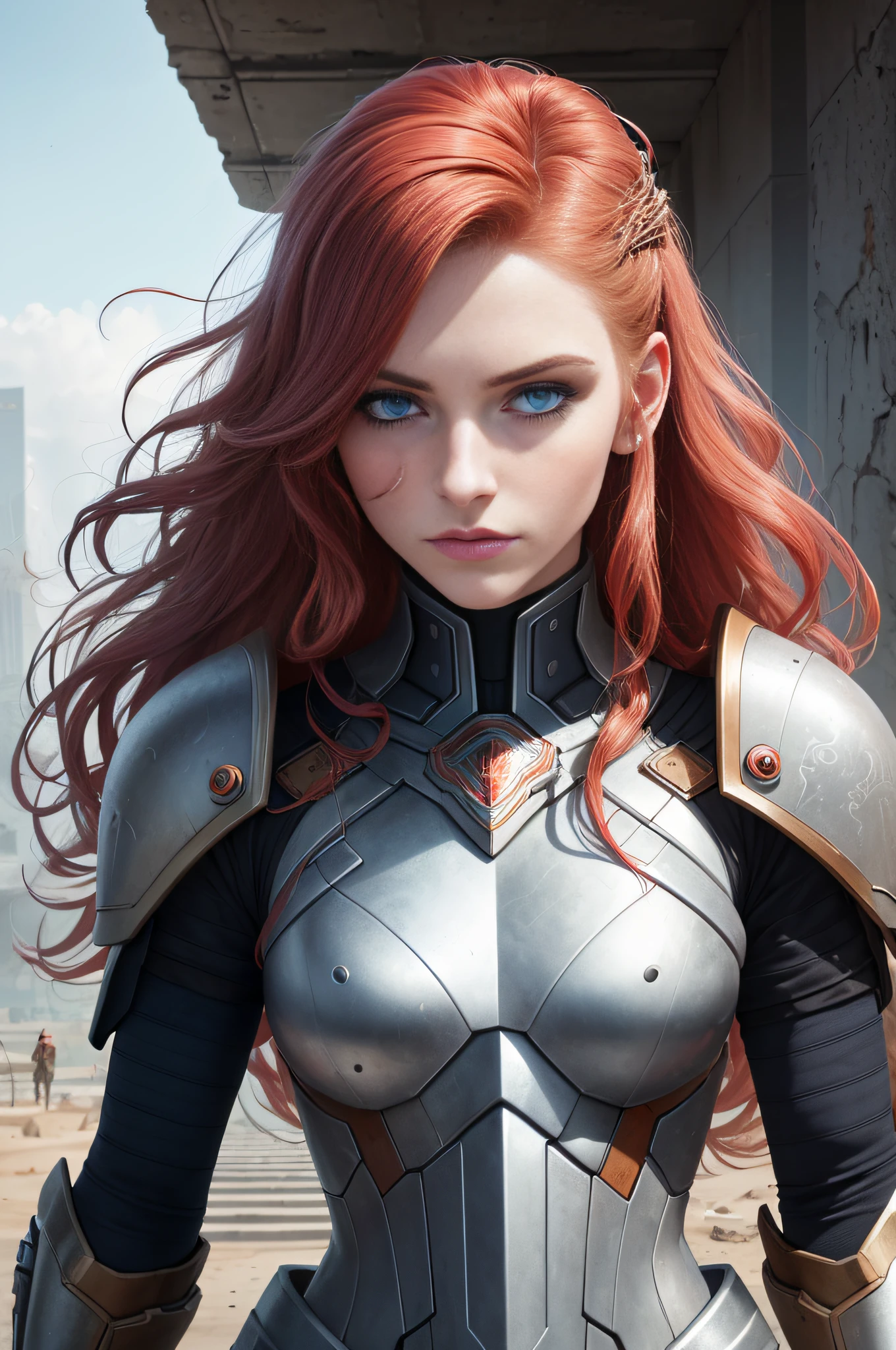 A Valkyrie, (long crimson hair, big waves: 1.5), (melon face: 1.3), (royal sister: 1.5), (8K, best quality: 1.2), (masterpiece: 1.2), (ultra-high resolution: 1.5), (white knight armor: 1.1), (gorgeous armor: 1.1), (high definition: 1.2), (blue eyes: 1.5), (highly detailed photos: 1.2), (Central European mixed beauty: 1.5), (Serious Expression: 1.2), (Young: 1.5), (Real Face Details Close-up: 1.5), (Real Skin Details: 1.6), (3D: 1.4), (Cyberpunk: 1.1), (Doomsday City Ruins Background: 1.1), (Photo Texture: 1.4), (Realistic: 1.3), (Small Mouth: 1.3), (Soft Face Contours: 1.3), (Face Portraits: 1.3)