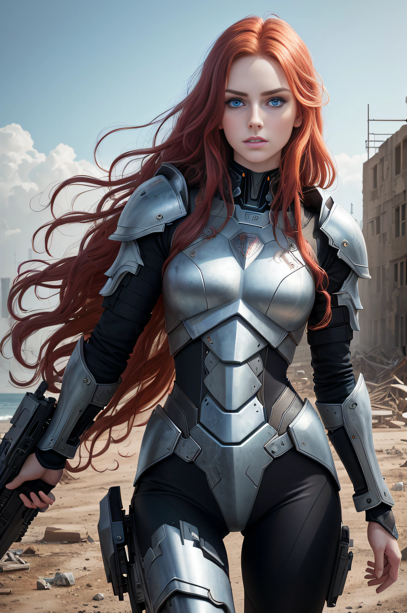 A Valkyrie, (long crimson hair, big waves: 1.5), (melon face: 1.3), (royal sister: 1.5), (8K, best quality: 1.2), (masterpiece: 1.2), (ultra-high resolution: 1.5), (white knight armor: 1.1), (gorgeous armor: 1.1), (high definition: 1.2), (blue eyes: 1.5), (highly detailed photos: 1.2), (Central European mixed beauty: 1.5), (Serious Expression: 1.2), (Young: 1.5), (Real Face Details Close-up: 1.5), (Real Skin Details: 1.6), (3D: 1.4), (Cyberpunk: 1.1), (Doomsday City Ruins Background: 1.1), (Photo Texture: 1.4), (Realistic: 1.3), (Small Mouth: 1.3), (Soft Face Contours: 1.3), (Face Portraits: 1.3)