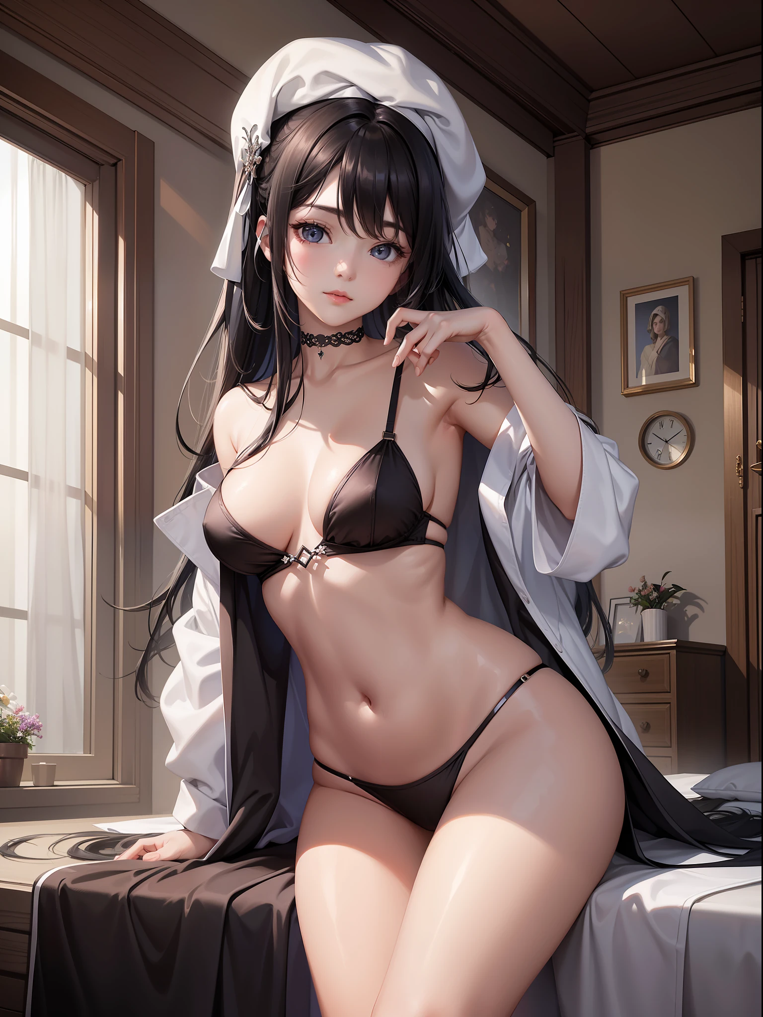 Best quality, masterpiece, best resolution, extremely detailed CG Unity 8k wallpaper, beautiful lady sitting on bed, 1 girl, solo, black hair, navel, bed, grabbing white bathrobe