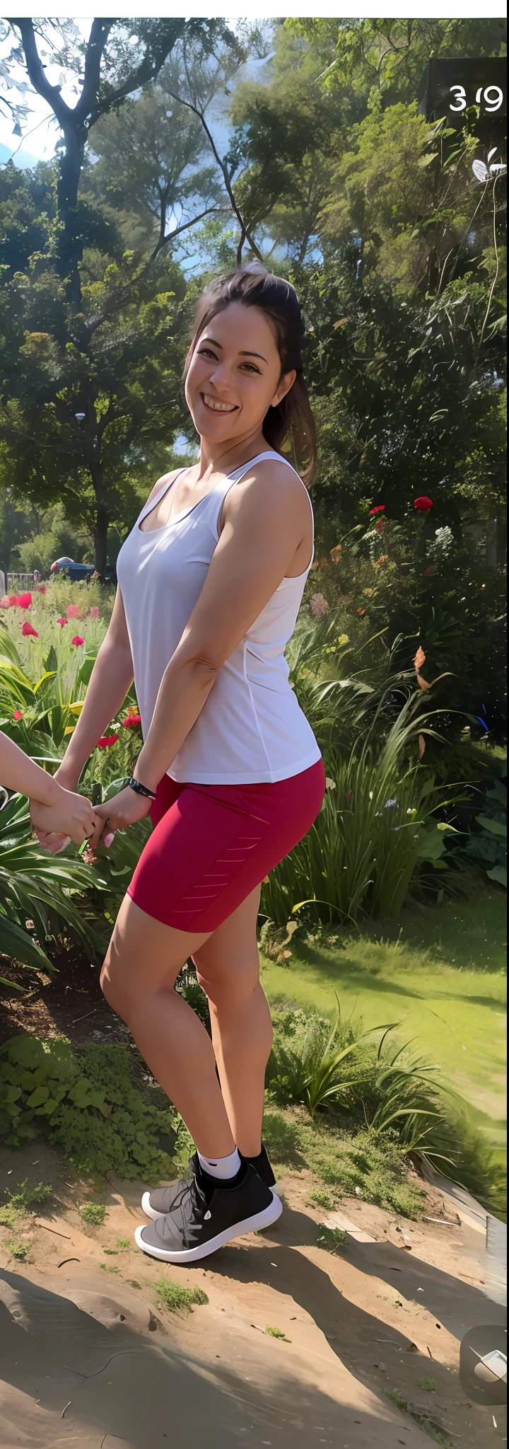 There is a woman and a man holding hands in a park, cropped red yoga shorts, wearing red shorts, side pose, short yoga cut, 3/4 side view, side-view, side view, in very nice shorts