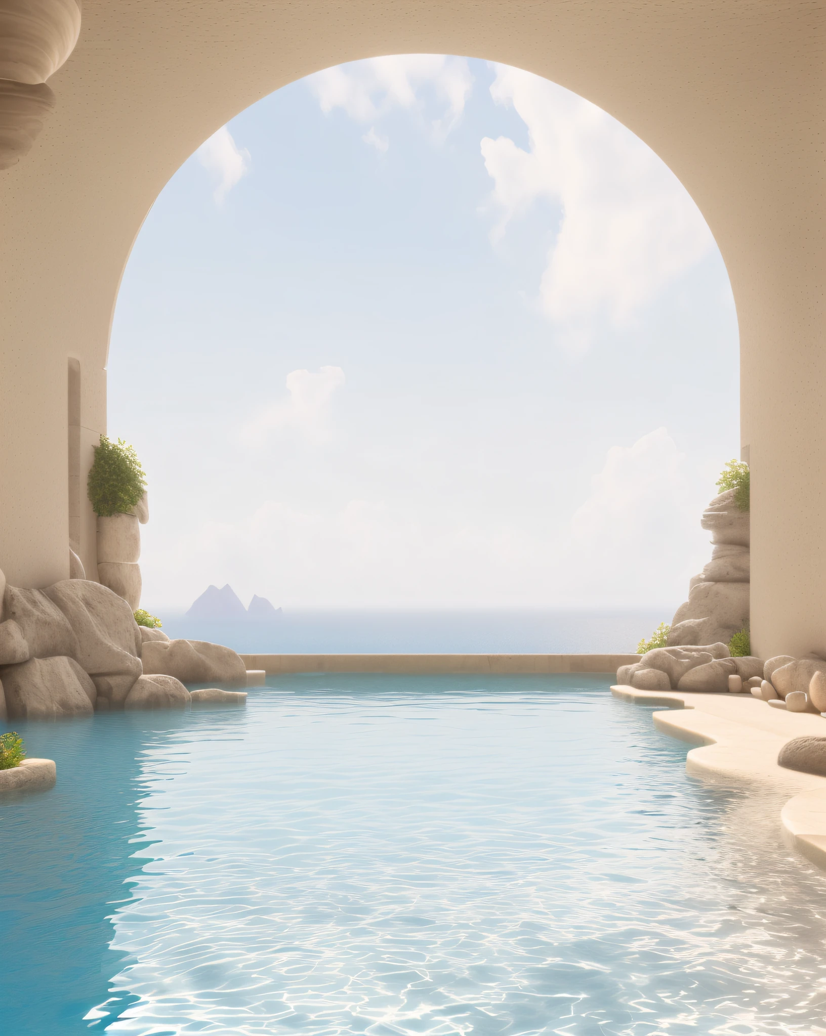 There is a swimming pool with sea view through the tunnel, 3D rendered matte painting, Greek fantasy landscape, surreal 3D rendering, fantastic matte painting, surrealist style, fantasy style 8K octane rendering, Unreal Engine 5 rendering dramatic, Summer Unreal Engine 5, beautiful rendering of landscapes in Filip Hodas' art style, 3D rendering, and mask painting