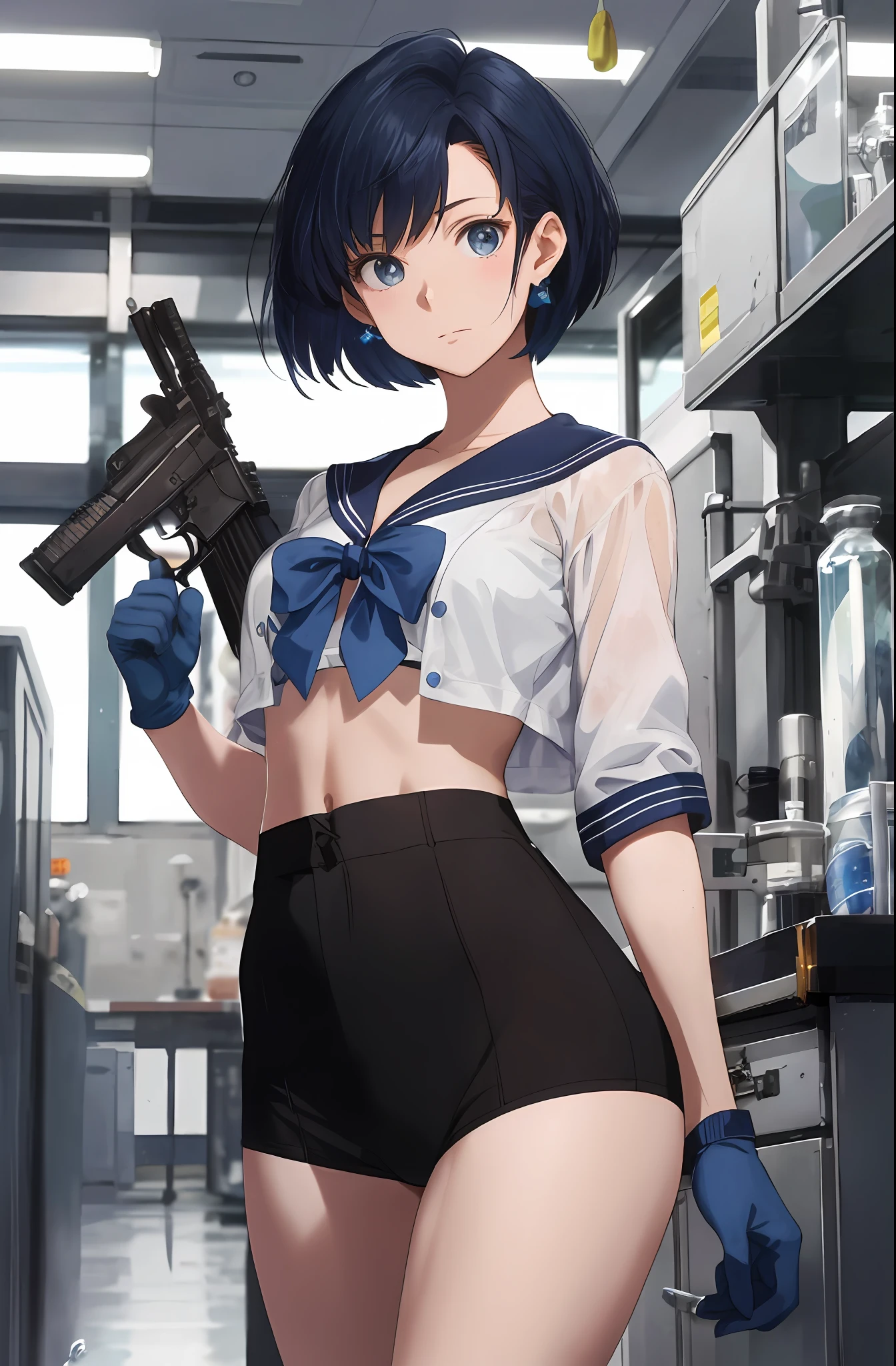 Masterpiece, best quality,
Sailor Mercury held an AK47 rifle in one hand, and wore black body armor in salute with the other, and tactical equipment such as magazines and smoke grenades were hung on the body armor, and his expression was calm and calm. The camera is located in the middle lens, showing her from the waist up. The background is blank.