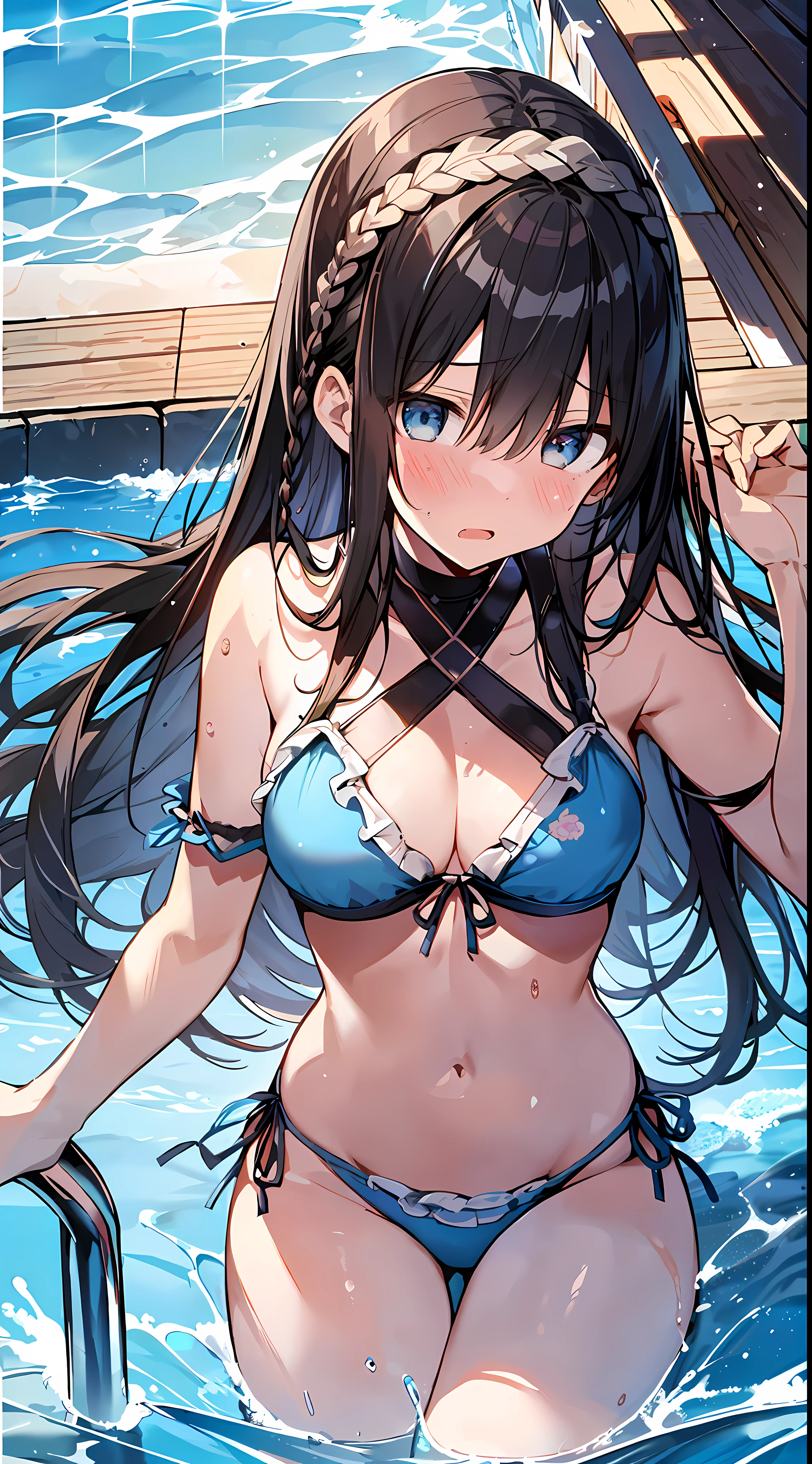 (incredibly absurdres absolutely resolution: 1.5), top quality, masterpiece, ultra high resolution, 8k, sun, ((pool)), midsummer, (light blue bikini with decorations, swimsuit), shojo manga style, , soft line art, digital enhancement, shojo manga touch, shojo manga core, (hair length to shoulder)))), ( Short braid))), soft drawing, beautiful black hair, clear eyes, ((flustered gesture, surprised expression)), ultra-detailed digital anime art, clear face depiction, ultra-detailed shojo manga character art, clear facial features, manga style, top quality colors, angle visible to the feet, entangle, beautiful and aesthetic:1.3、High quality:1.3