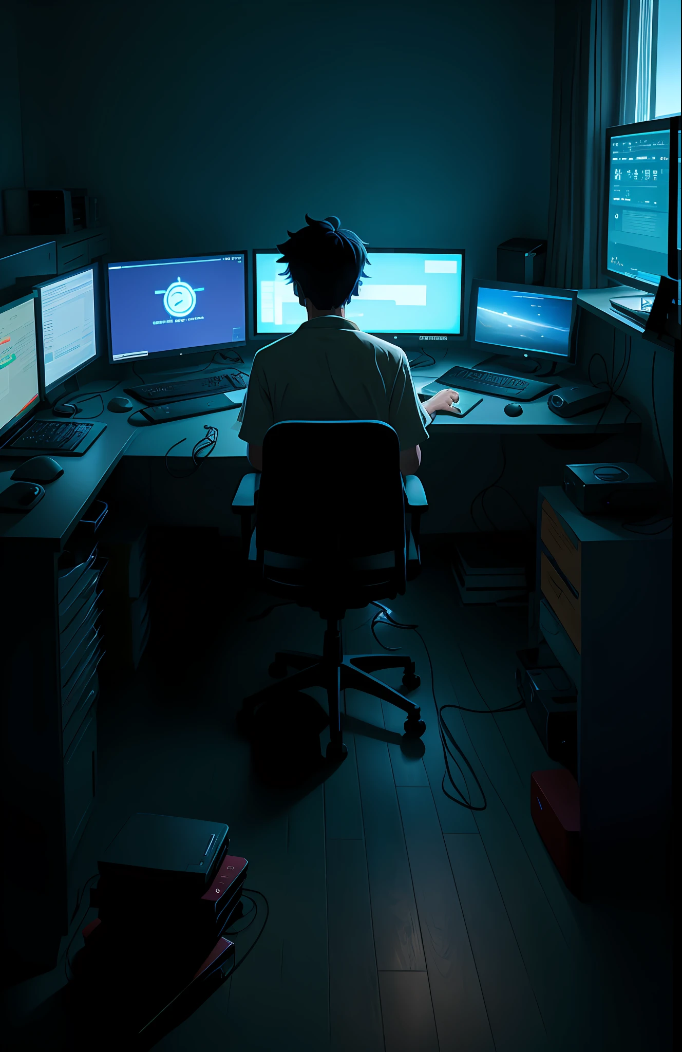 a nerdy boy is programming at a computer in a room full of gadgets, by makoto shinkai and ghibli studio, dramatic lighting, highly detailed, incredible quality, dark skin, Tapered Fade