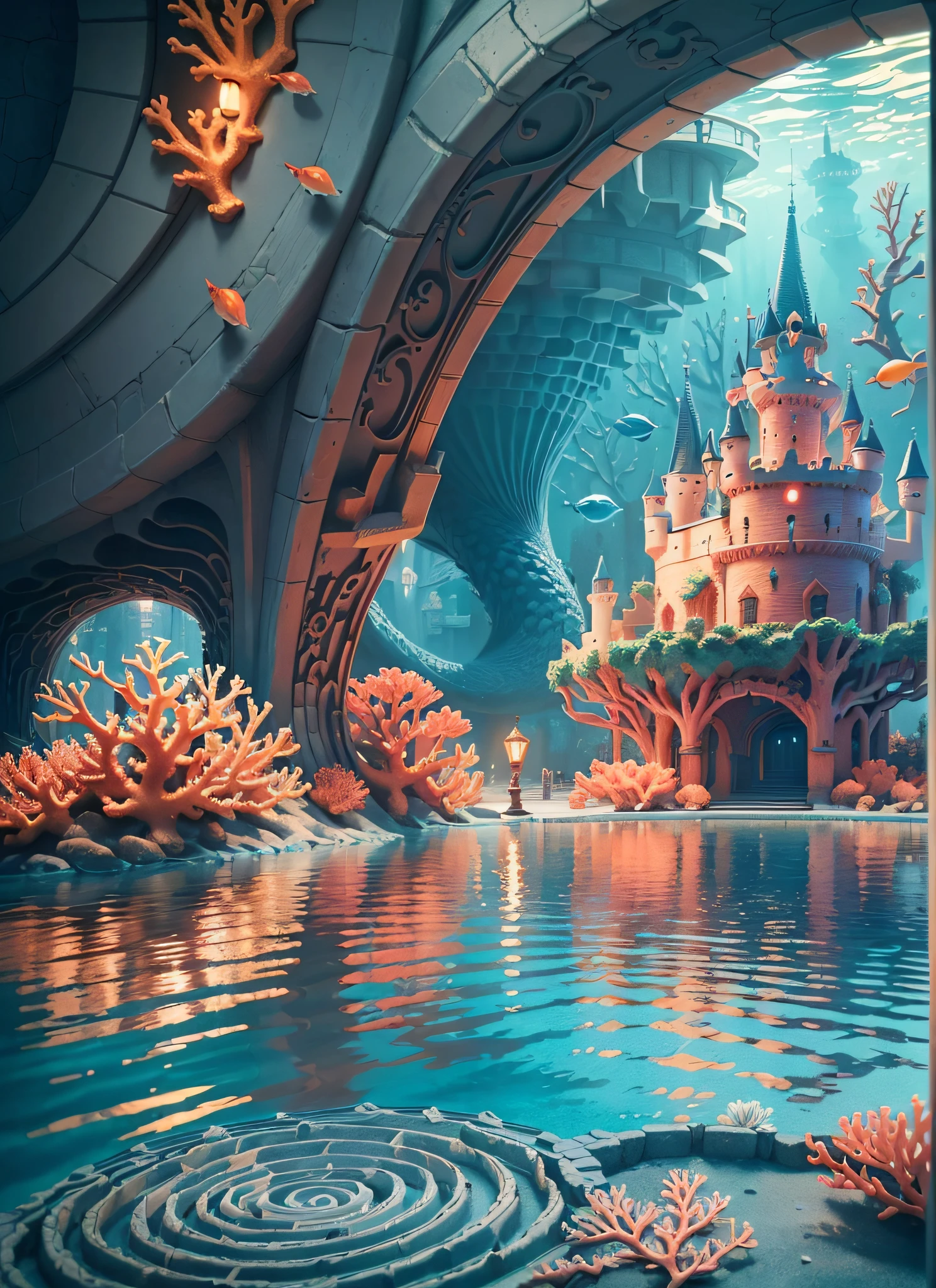 (Cinematic texture, detail depiction) + (Deep Sea + (Spiral Castle: 1.2) + ({Colorful Coral: 1.1}), Dreamy Color, (Swimming Fish: 1.2) + (Chasing Swimming Fish: 1.1), Dark) --auto --s2