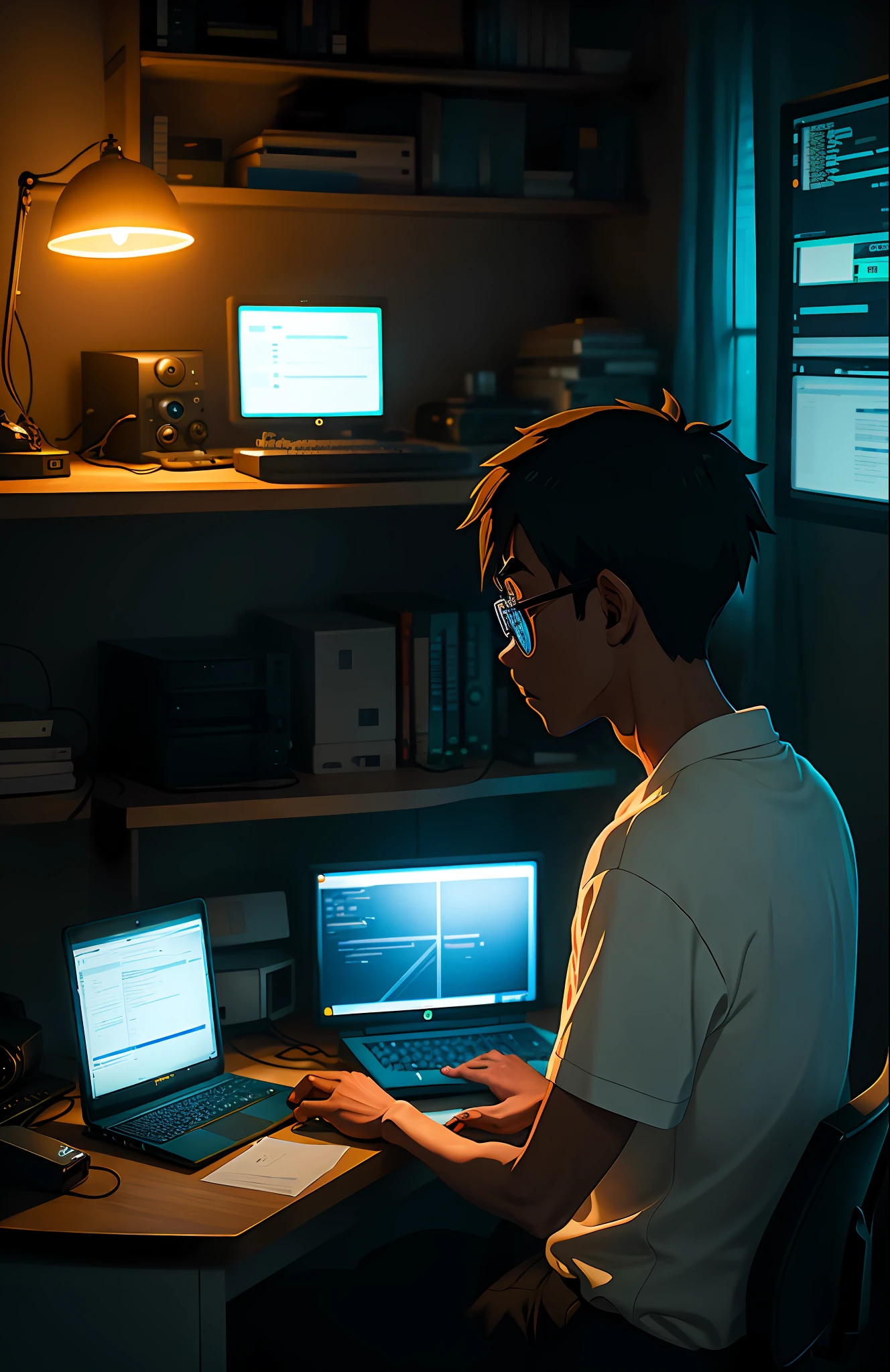 a nerdy boy is programming at a computer in a room full of gadgets, by makoto shinkai and ghibli studio, dramatic lighting, highly detailed, incredible quality, dark skin, Tapered Fade