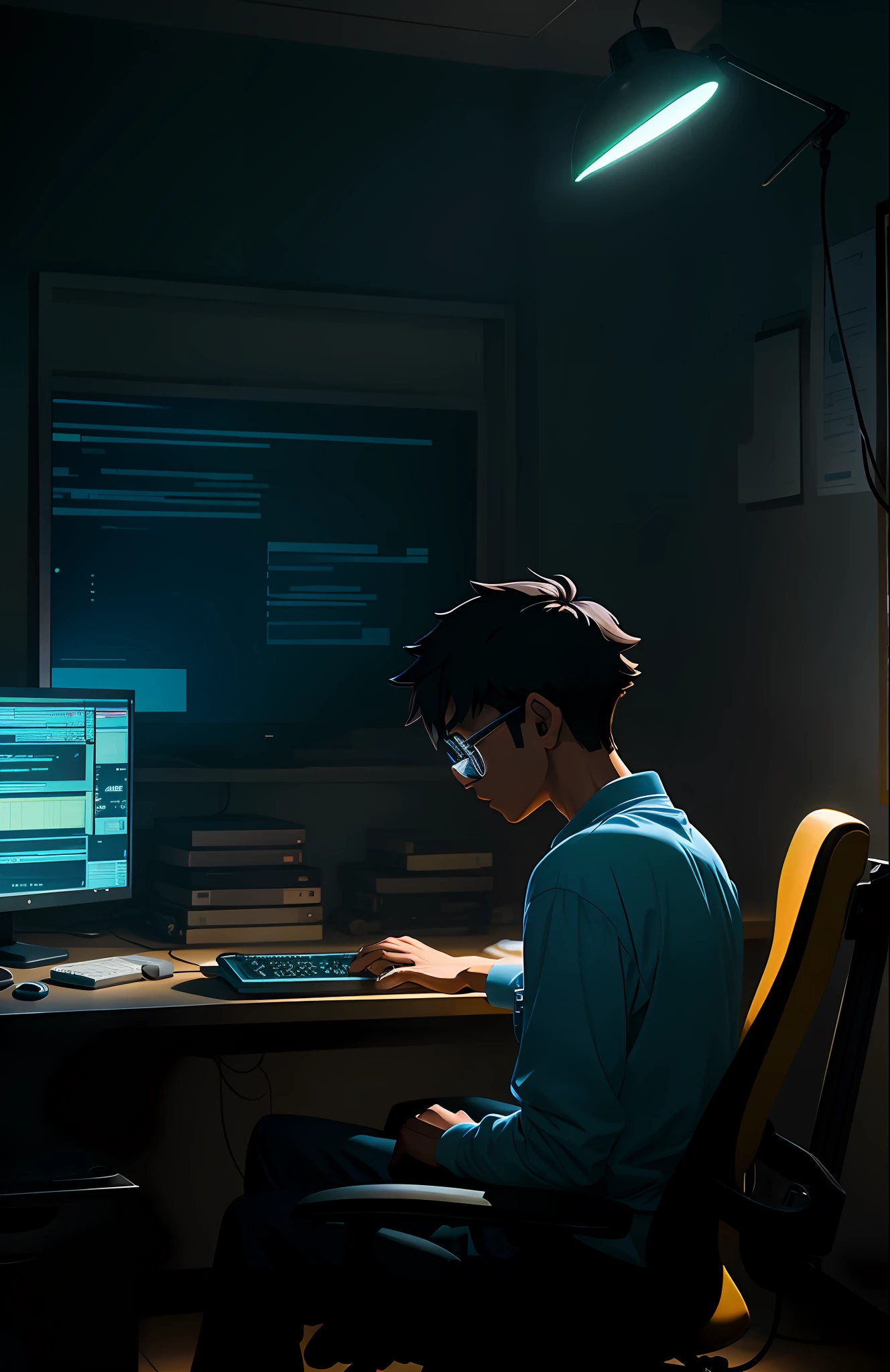 a nerdy boy is programming at a computer in a room full of gadgets, by makoto shinkai and ghibli studio, dramatic lighting, highly detailed, incredible quality, dark skin, Tapered Fade