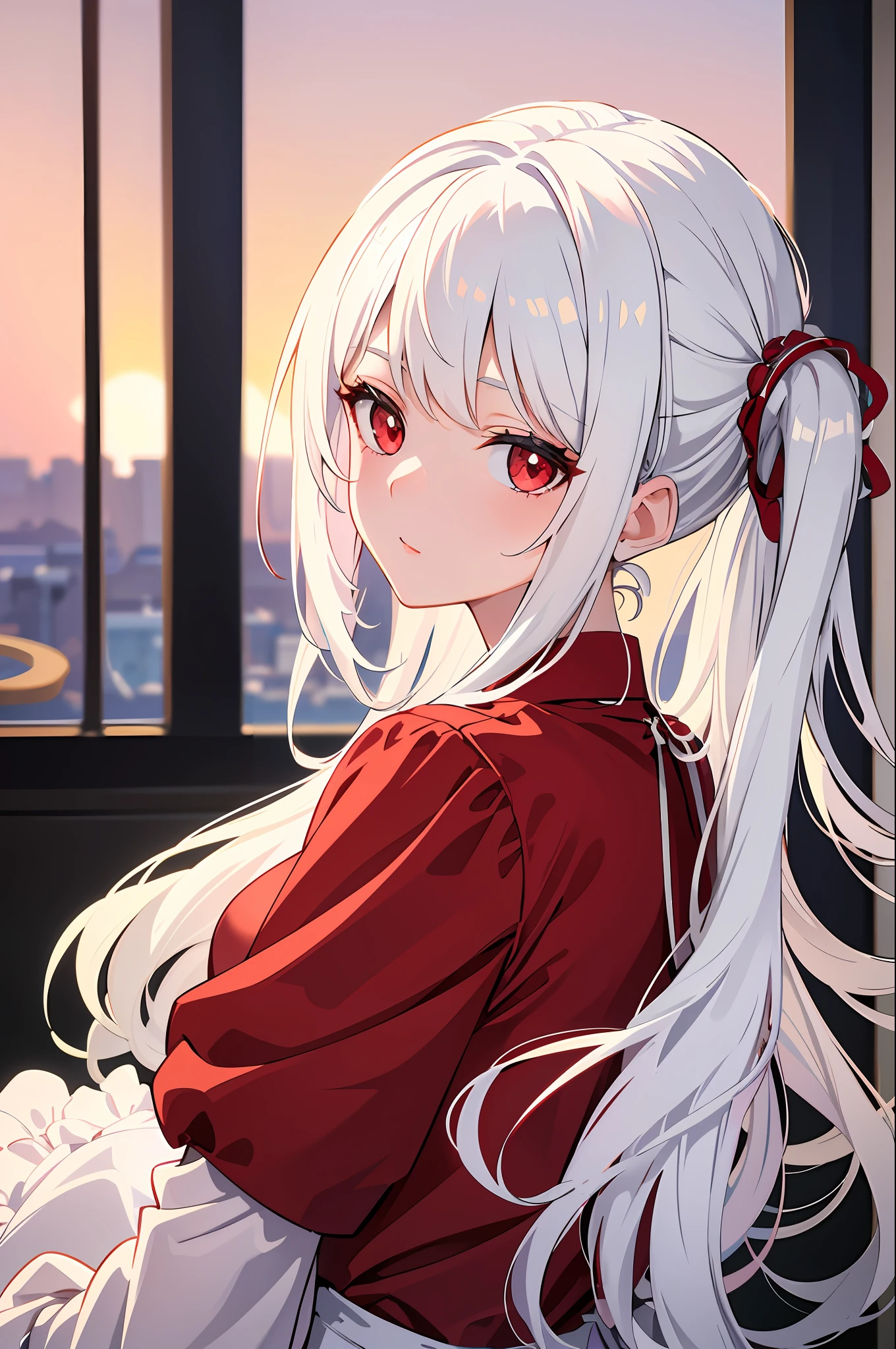 Artwork, masterpiece, extremely detailed 8k CG unit wallpaper, vibrant incredible colors, of a beautiful girl with white hair, red eyes, wearing a simple sensual blouse, almost transparent, her gaze focused on the viewer, background of scenery of a beautiful room, a calm, soft, simple light on the face of the beautiful girl.