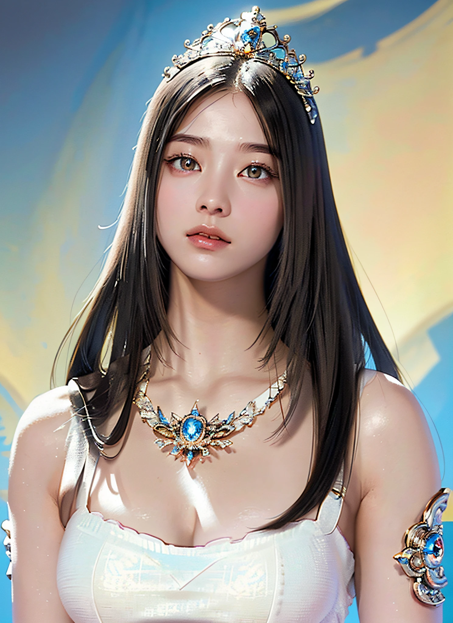 Ultra detailed complex 3D rendering of face, (big breasts: 6.8), glamour shot full body image, huge breasts, red bra, long hair, viewer view, (shiny skin),((realistic lighting, top quality, 8K, masterpiece: 1.3)), clear focus: 1.2, 1 girl, perfect figure: 1.4, , (cleavage), intricate details, Ultra detailed complex 3d rendering of beautiful porcelain profile face, light effects, jeweled super detailed large crown: 2.2), big,, (bra blue), sexy swimsuit, (surrealistic), (high resolution), (8K), (very detailed), (beautiful detailed eyes), (best quality), (ultra detailed), jewels with intricate detail, (jeweled ultra detailed yellow armor: 1.3), 1 Girl, Solo, Long Hair, Wind, Gorgeous Face, Top Quality, Masterpiece, Maximum Detail, Diffused Lighting, (Black Hair: 1.3), Valhalla Valkyrie, Mechanical Arm, Beauty, Facial Muscles
