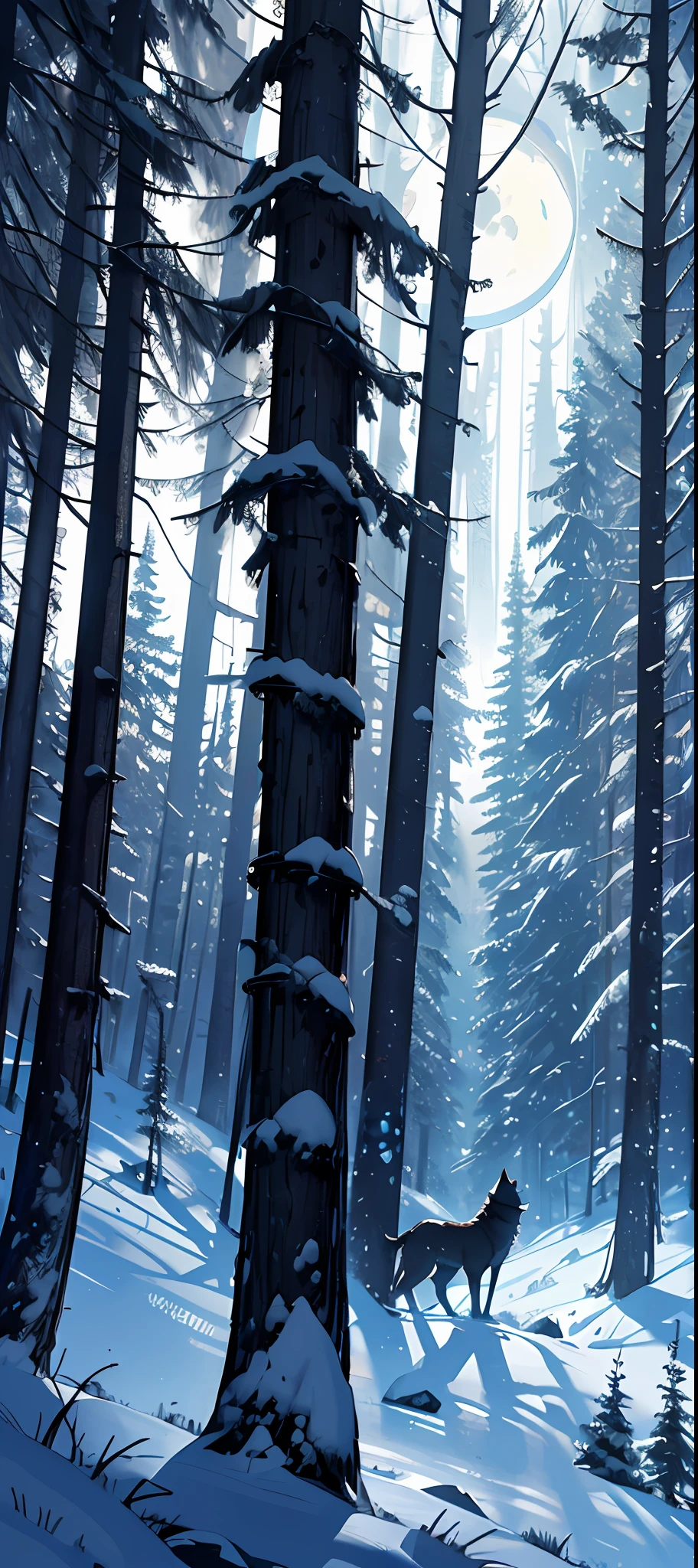 ((highres, best quality, 16k, masterpiece, resolution)), (a forest in the night), (((beautiful))), wolf howling, moon, cliff