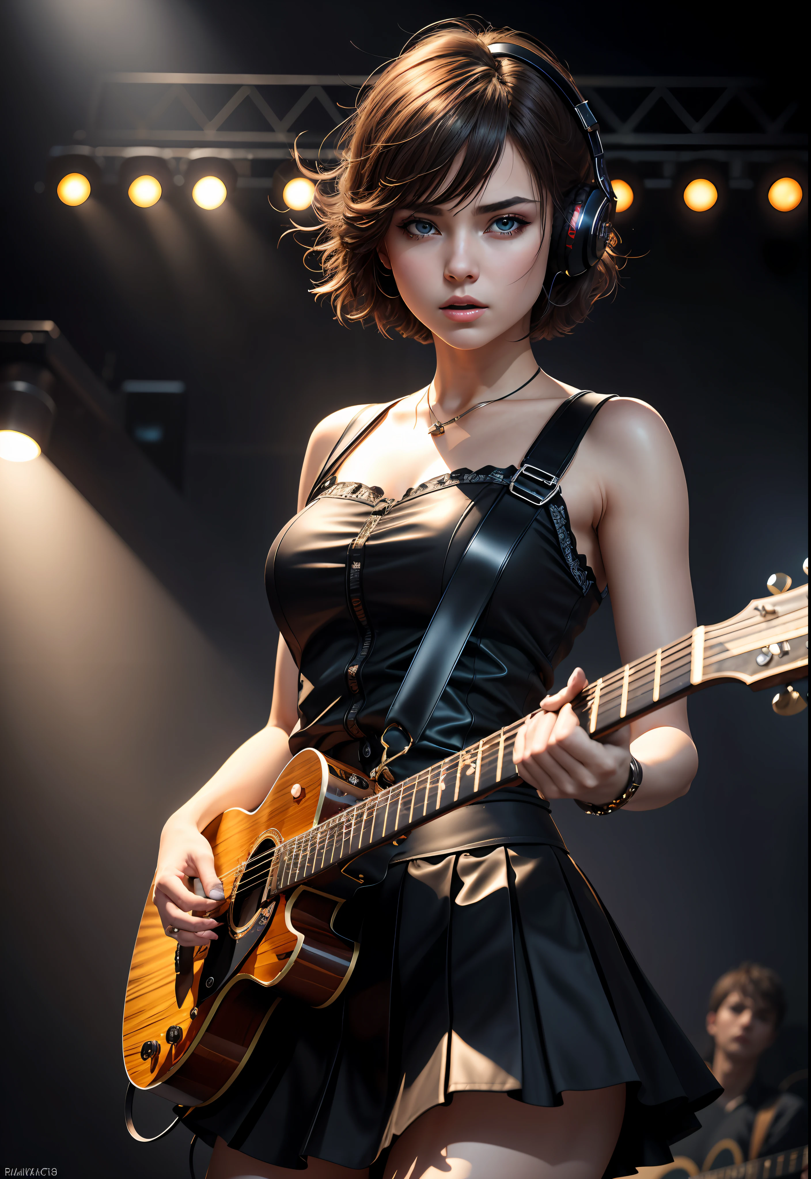 Highres, Shadows, Absurdres, best_quality, ultra_detailed, 8K, extremely_clear, Photography, Beautiful, Sharp Focus, HDR,
A cute pop singer with short hair and shimmering symmetrical teary eyes, holds a black guitar and sings in headphones, wearing a pleated skirt, with a dynamic angle, captured in a highly detailed cowboy photo, exuding a melancholic emotion, with soft tones and a contrasting mix of light and shadow, all while emphasizing her hair, the eyes, mouth, and action of the subject in a composition that is both pleasing to the eye and thought-provoking. (( Masterpiece))