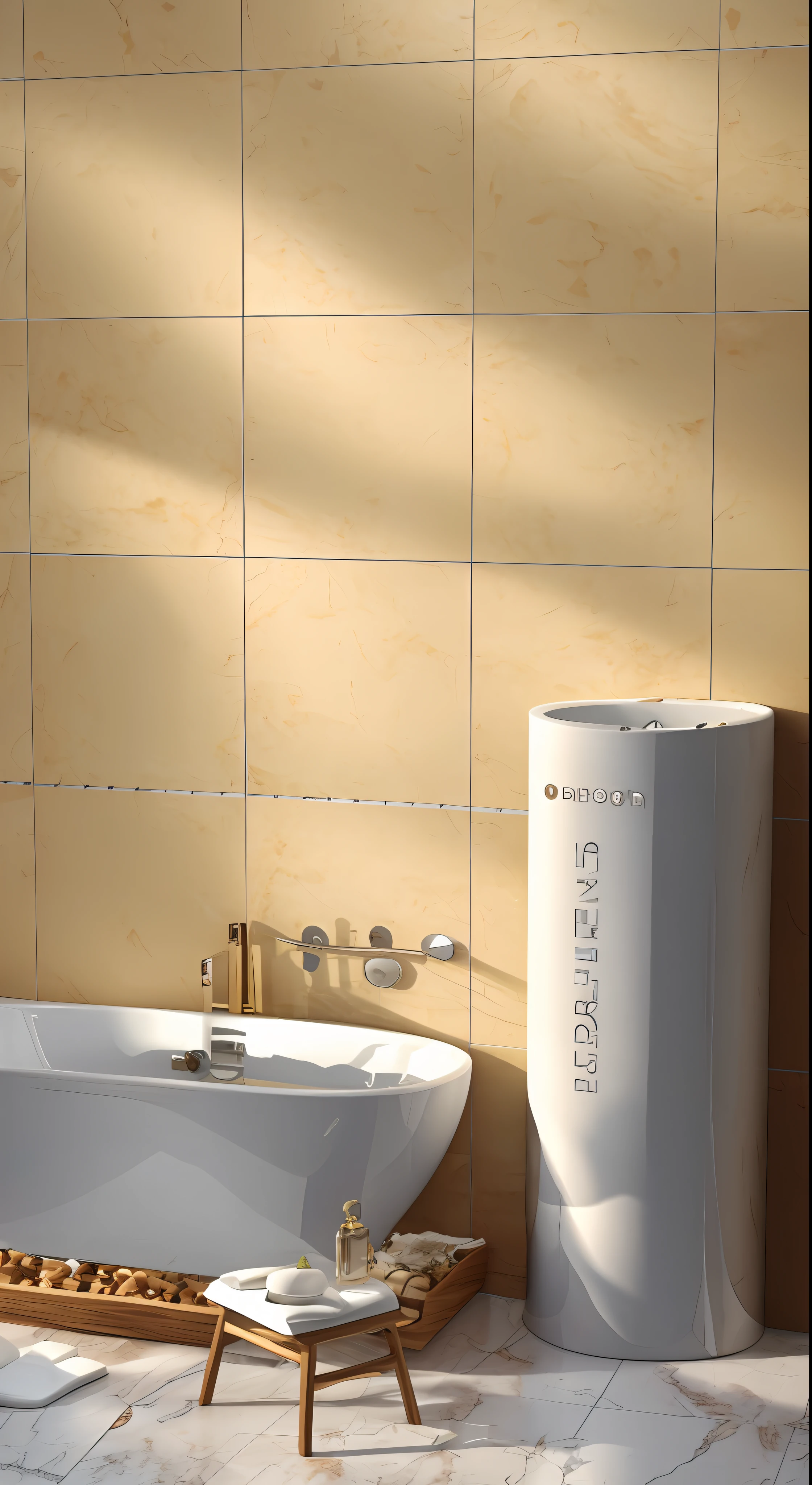 Product real shot, bathtub filled with hot water and hot water tank side by side, white bathtub, diffuse reflection, luxury modern background, black luxury background, wooden chair, sleek design, detailed images, interior rendering, glossy materials, modern simplicity, detailed pictures, marble tile floor, floor diffuse reflection, clear and smooth lines, product photos, fresh - cool color, full length view. 3D, Octane rendering, ray tracing, live-action shooting