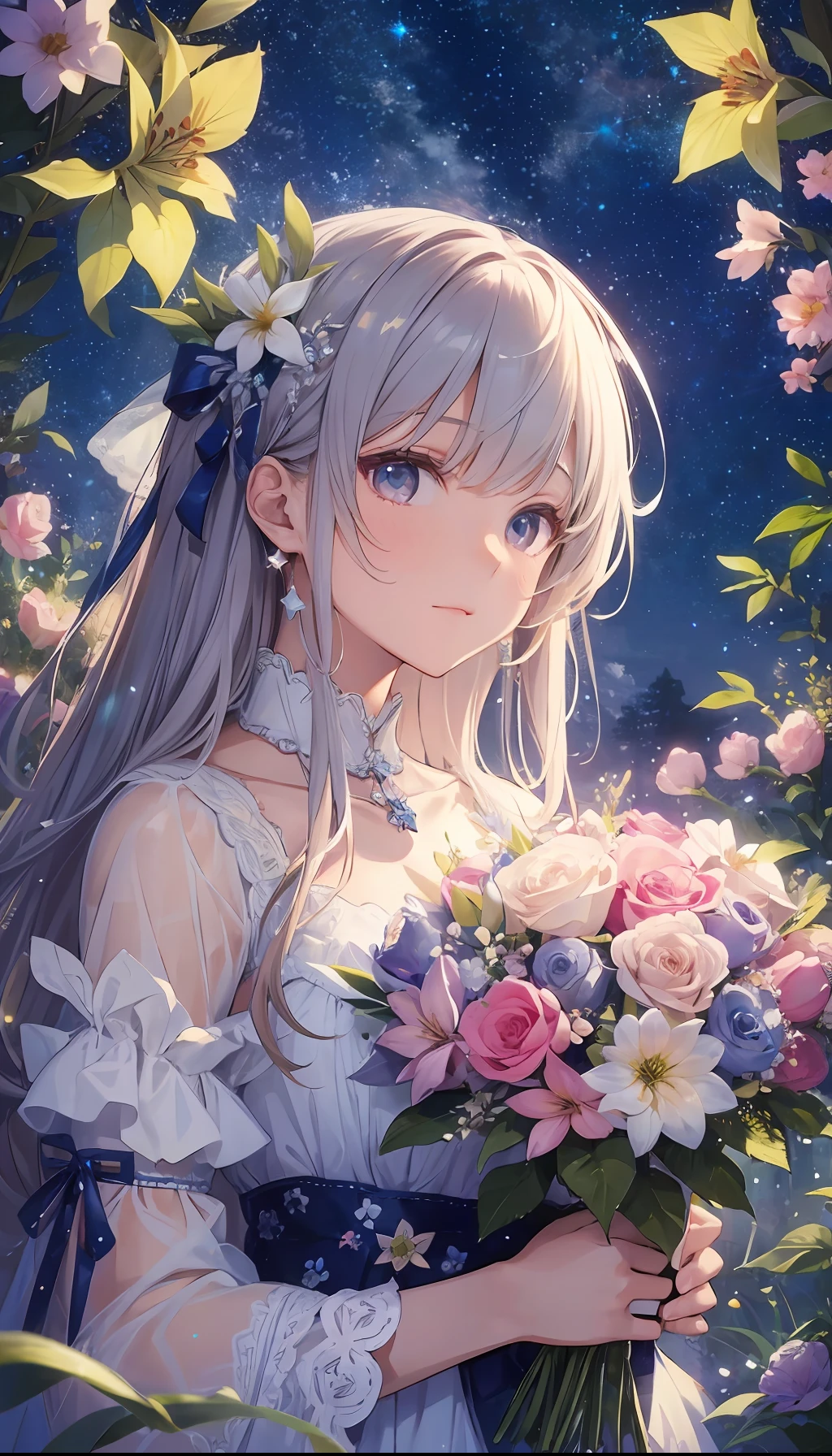 High quality, high detail, brilliant starry sky, flowers, glow --auto --s2