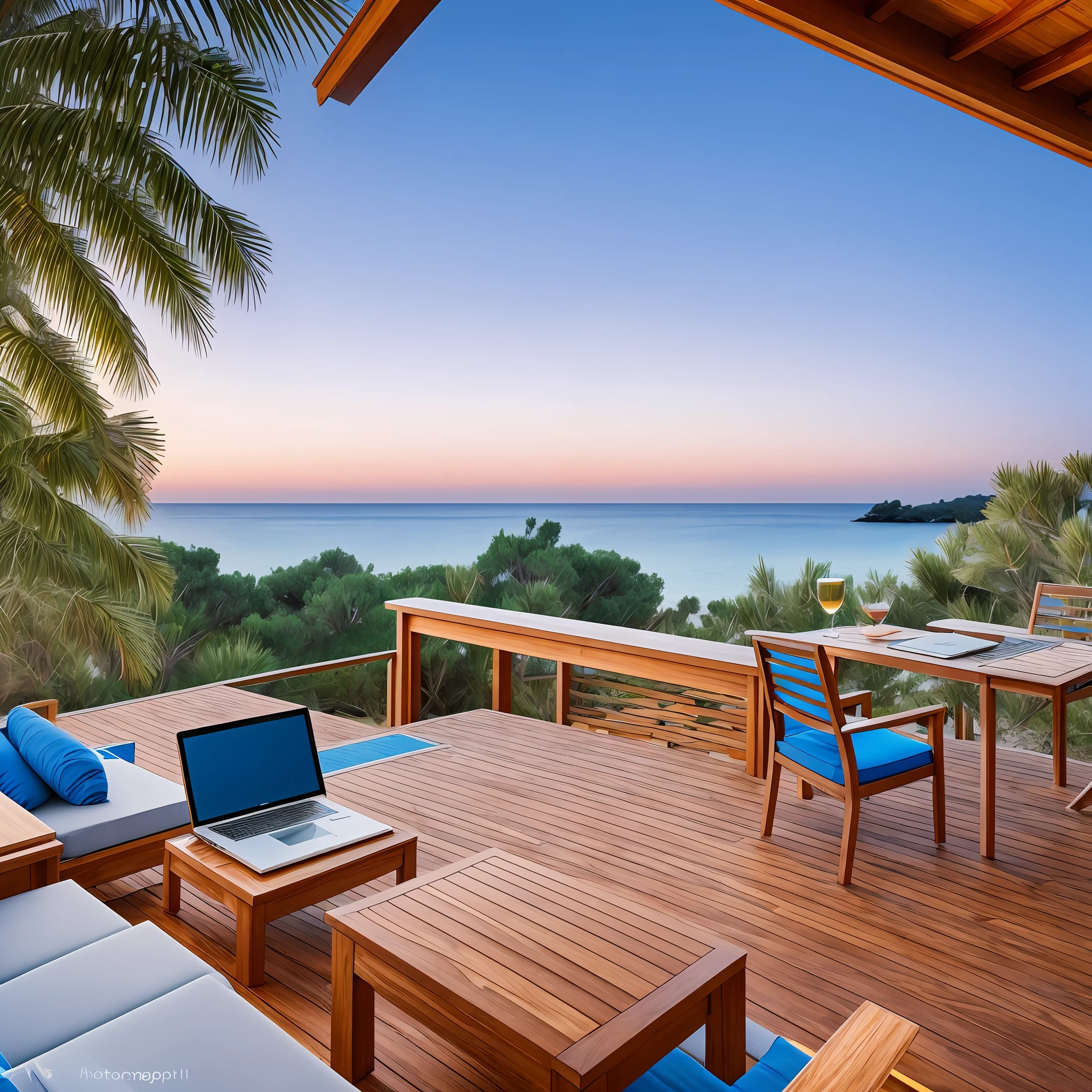 professional photography of a laptop on the computer desk on the deck of a Mediterranean beachfront shack, Aleppo pine trees in the background, blue hour, natural light, arificial light, happy vacation mood, 21mm lens, shallow depth of field, hdr, raw, textures, intricate detail, award winning photography, professional --auto --s2