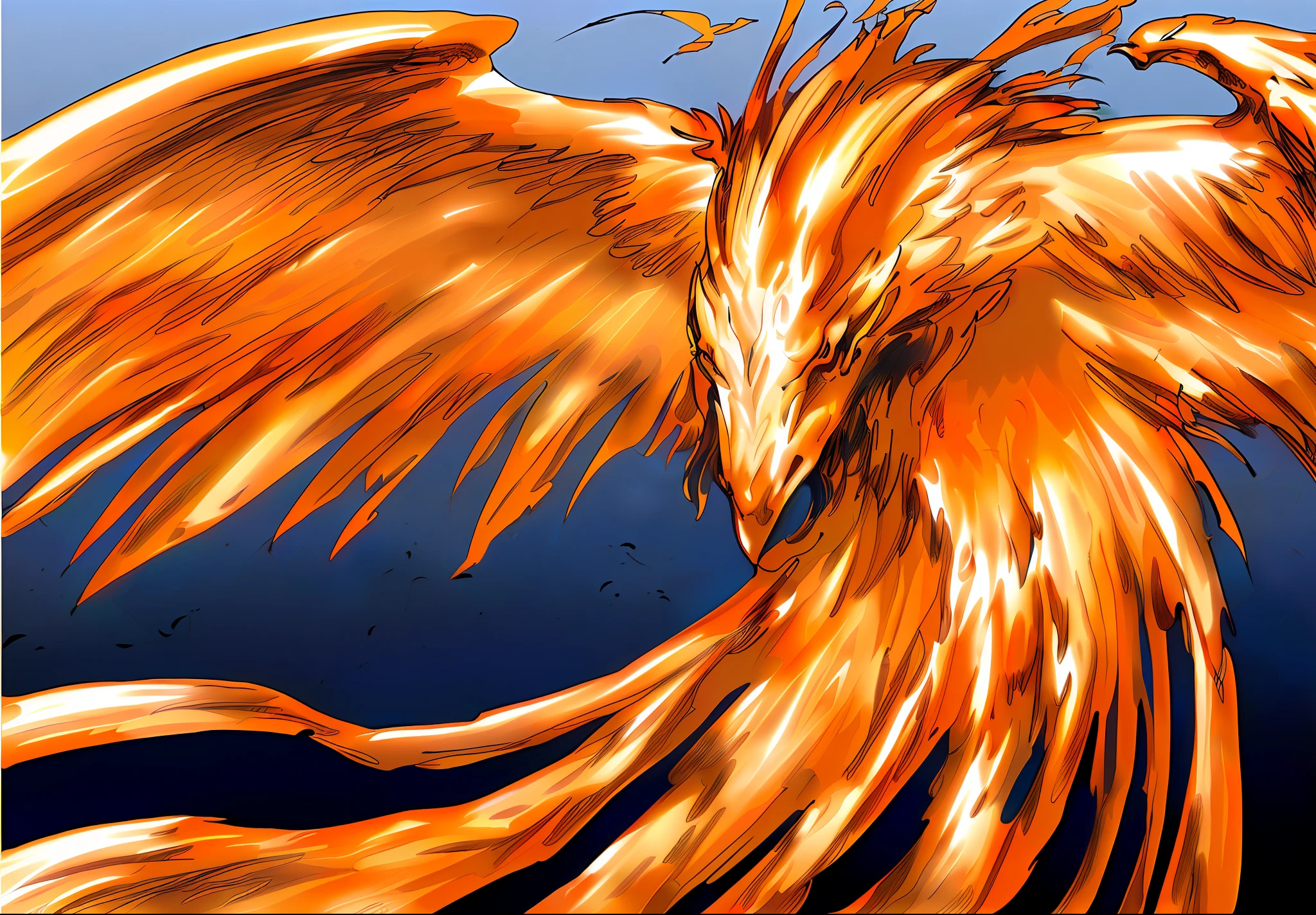 (Magnificent Phoenix Wallpaper) soars in the sky, orange-yellow fire renders the whole picture, the phoenix is full of hot gold, wings spread magnificent and majestic. (fiery and brilliant phoenix artwork) details condensed, delicately depicted, the phoenix is resting, so the picture is mainly peaceful, the distant clouds flutter, the atmosphere is spectacular. (Phoenix and dragon picture) Phoenix and dragon blend, phoenix head with a crown of feathers, dragon body winding, majestic, the overall atmosphere of the picture, gorgeous details, anime, anime style, high details, masterpiece, super detail, textured skin. --auto --s2