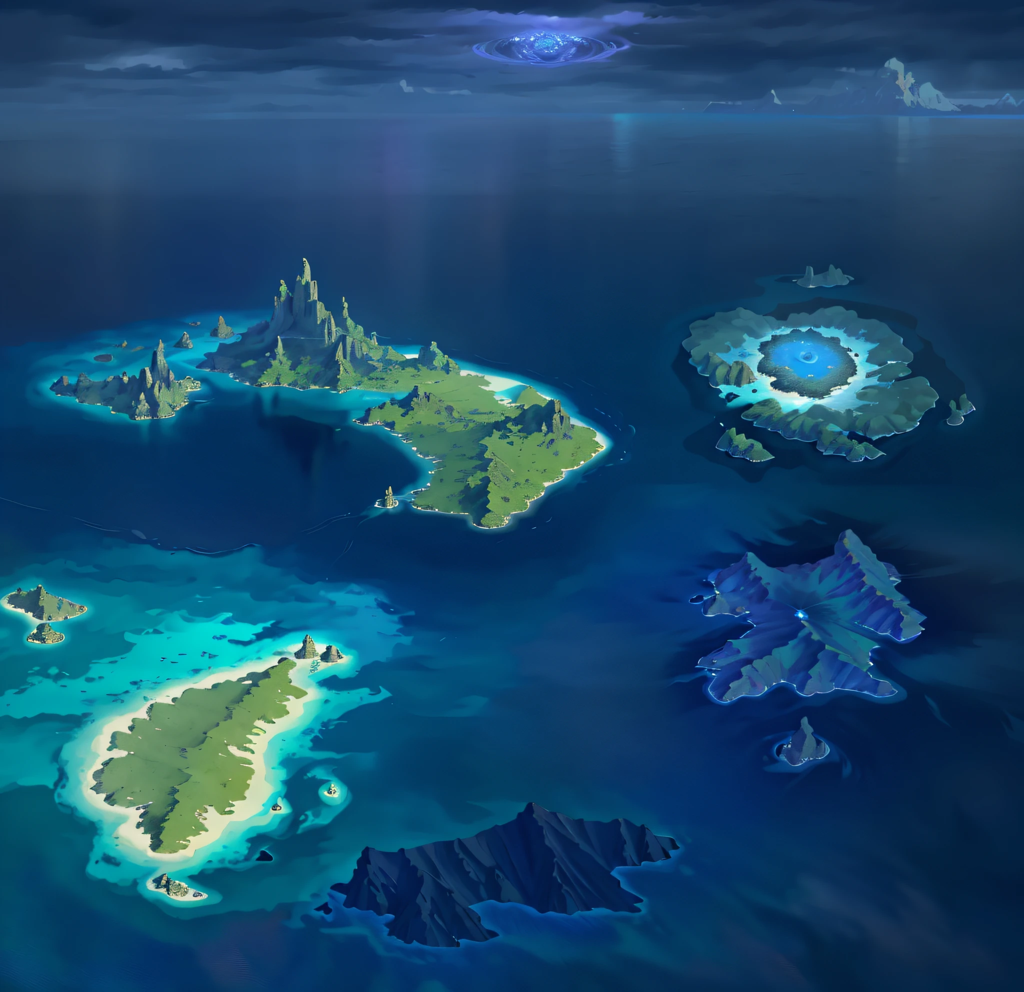 Small number of islands, cloudy days, fantasy, magical plant growth, demon land, vortex, isometric distance, extreme detail, realistic light, epic composition, (intricate detail), (complex design, ultra detail: 1.2), art station, (masterpiece, best quality), ultra hd, 32k image of a group of islands in the ocean, island background --v 6