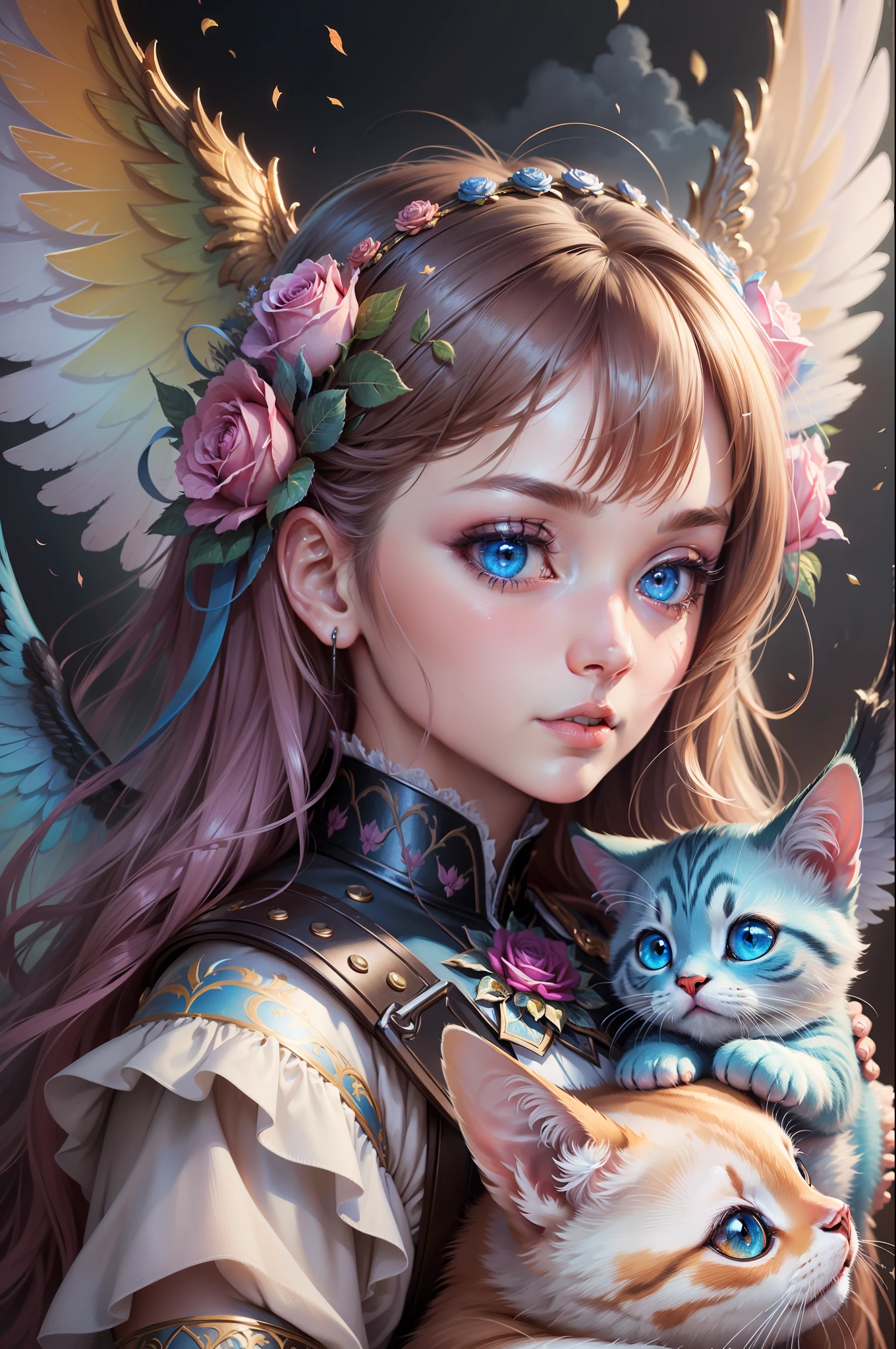 ( Absurd, High quality, ultra-detailed, masterpiece, concept art, smooth, highly detailed artwork, hyper-realistic painting )beautiful eyes(eyes detailed),1  pretty girl, surrounded with cute tiny cats with wings, Rose with pink, yellow, and blue color, Rainbow, dreamy, clouds, Vivid, fantasy
