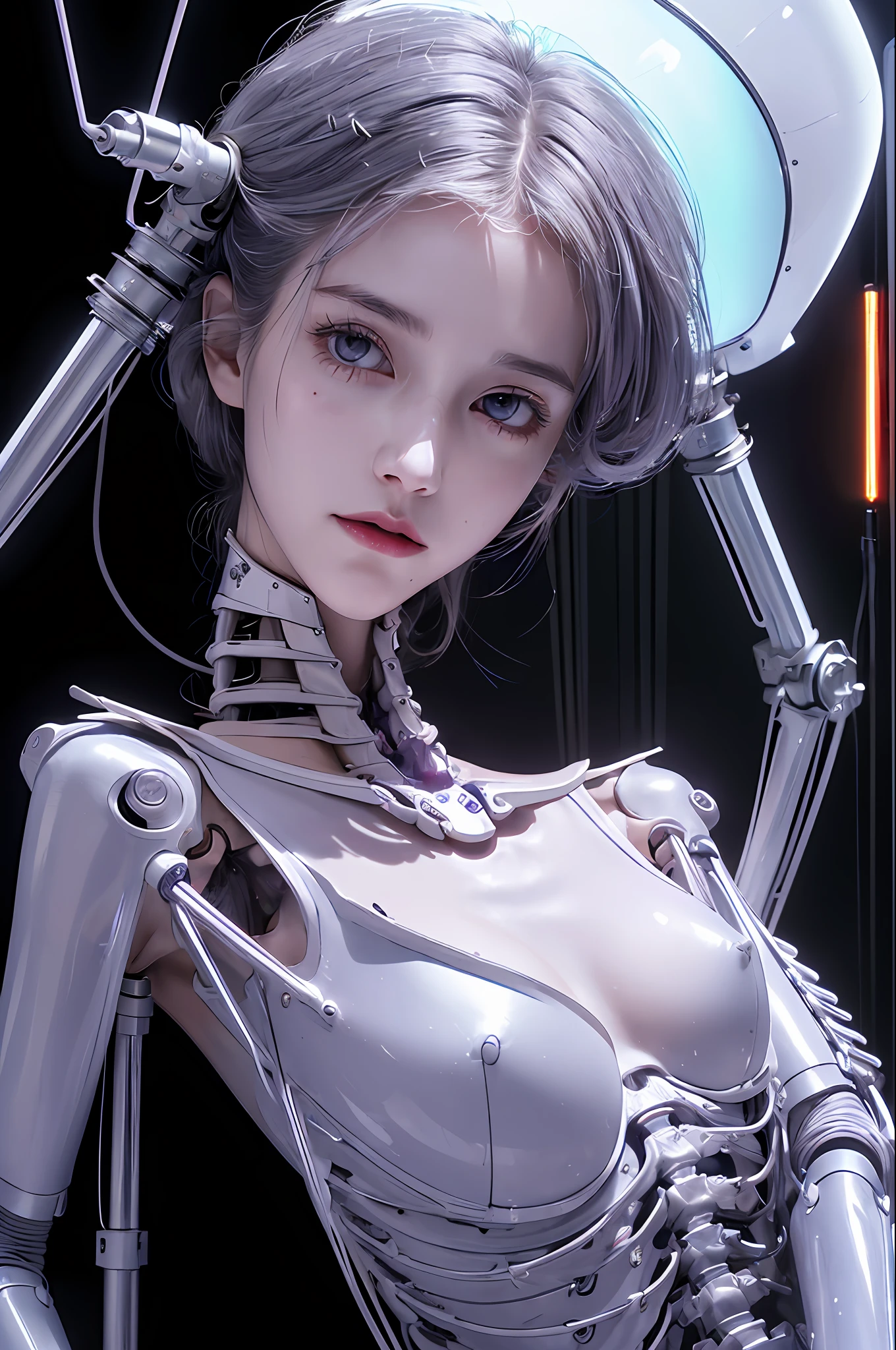 (((Masterpiece)))), (((highest quality)))), ((Ultra Definition)), (Very Detailed Photoreality), (((Very Delicate and Beautiful)), (Delicate and Pretty Face), Cinematic Light, (((1 Machine Girl)), Solo, Full Body, Big, Cleavage Is Visible Skin, White Hair, Purple Eyes, Luminous Eyes, (Mechanical Joint: 1.4), (Mechanical limbs)), (Blood vessels connected to tubes), (( Mechanical vertebrae attached to the back)), ((Cervical vertebrae of the machine) attached to the neck)), (((sitting)), expressionless, (wires and cables attached to the head and body: 1.5), (character focus), small LED lamps on the body, Evangelion, SF, metallic body, detailed neon