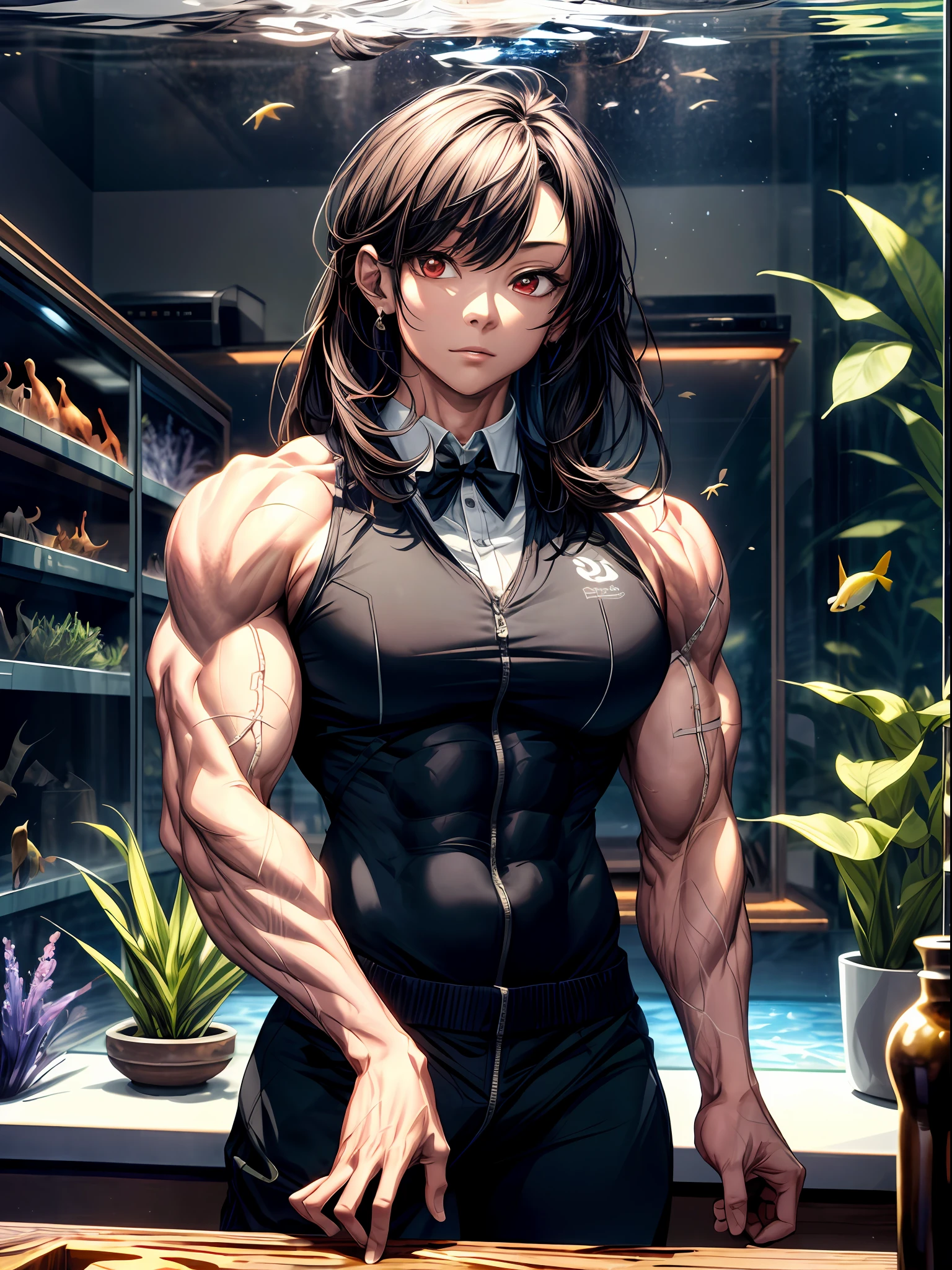 (best lighting) , (super-complex details) , 4K unified, (super-detailed CG: 1.2) , (8K: 1.2),(original), (masterpiece) , (best quality),(Masterpiece:1.4),Anime-ish high quality,(masterpiece),masterpiece, best quality, absurdres,((Masterpeace, 4k, 8k, highres)),(masterpiece), (best quality), (ultra-detailed), (an extremely delicate and beautiful), ((cowboy shot)), 1 woman, Yoru, beautiful face, detailed face, red eyes, scar on the cheek, long hair, black hair, school uniform, white shirt, black tie, dynamic pose, looking at viewer, on a aquarium, fish tank behind her, algae, marine life, blurred bottom, female focus, depth of field, full HD, high definition, high resolution
, ((body builder:1.5)),temple background,(beautiful bace),(girl),(female),(((upper body:1))),from front