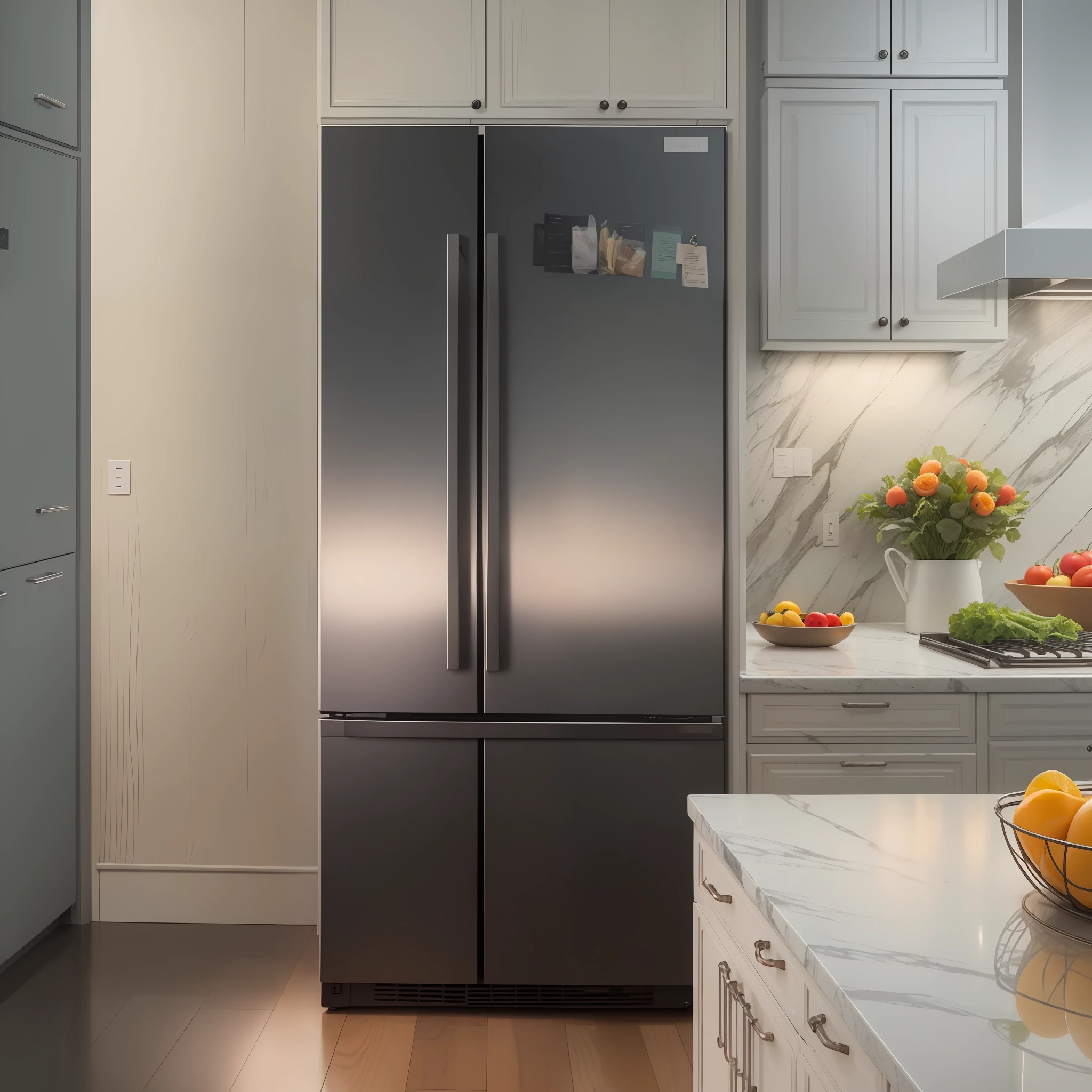 A sleek, stainless steel refrigerator standing tall in a modern kitchen, glistening under the warm glow of recessed lighting. The refrigerator door, adorned with a glossy black glass panel, reflects the pristine surroundings. Inside, an array of colorful fruits and vegetables are meticulously arranged, creating a vibrant display of nature's bounty. ((As if photographed by a food stylist)) The camera angle captures the scene from a slightly elevated perspective, showcasing the refrigerator's impressive stature and emphasizing its importance in the culinary space. The image possesses a sense of crispness and clarity, with each detail meticulously rendered in high-definition. --auto --s2
