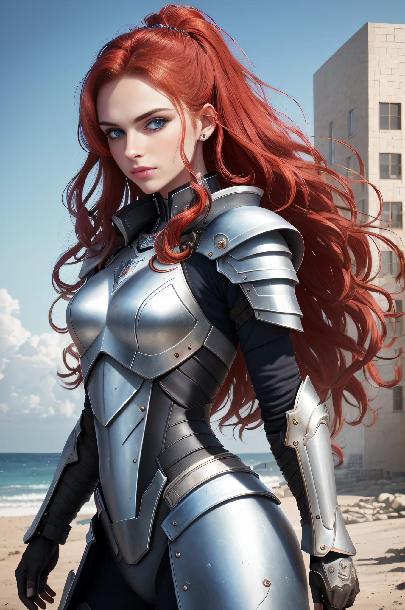 A Valkyrie, (long crimson hair, big waves: 1.5), (melon face: 1.3), (royal sister: 1.5), (8K, best quality: 1.2), (masterpiece: 1.2), (ultra-high resolution: 1.5), (white knight armor: 1.1), (gorgeous armor: 1.1), (high definition: 1.2), (blue eyes: 1.5), (highly detailed photos: 1.2), (Central European mixed beauty: 1.5), (Serious Expression: 1.2), (Young: 1.5), (Real Face Detail: 1.5), (Real Skin Detail: 1.6), (3D: 1.4), (Cyberpunk: 1.1), (Doomsday City Ruins Background: 1.1), (Photo Texture: 1.4), (Realistic: 1.3), (Small Mouth: 1.3), (Soft Face Contour: 1.3), (Face Close-up: 1.3)