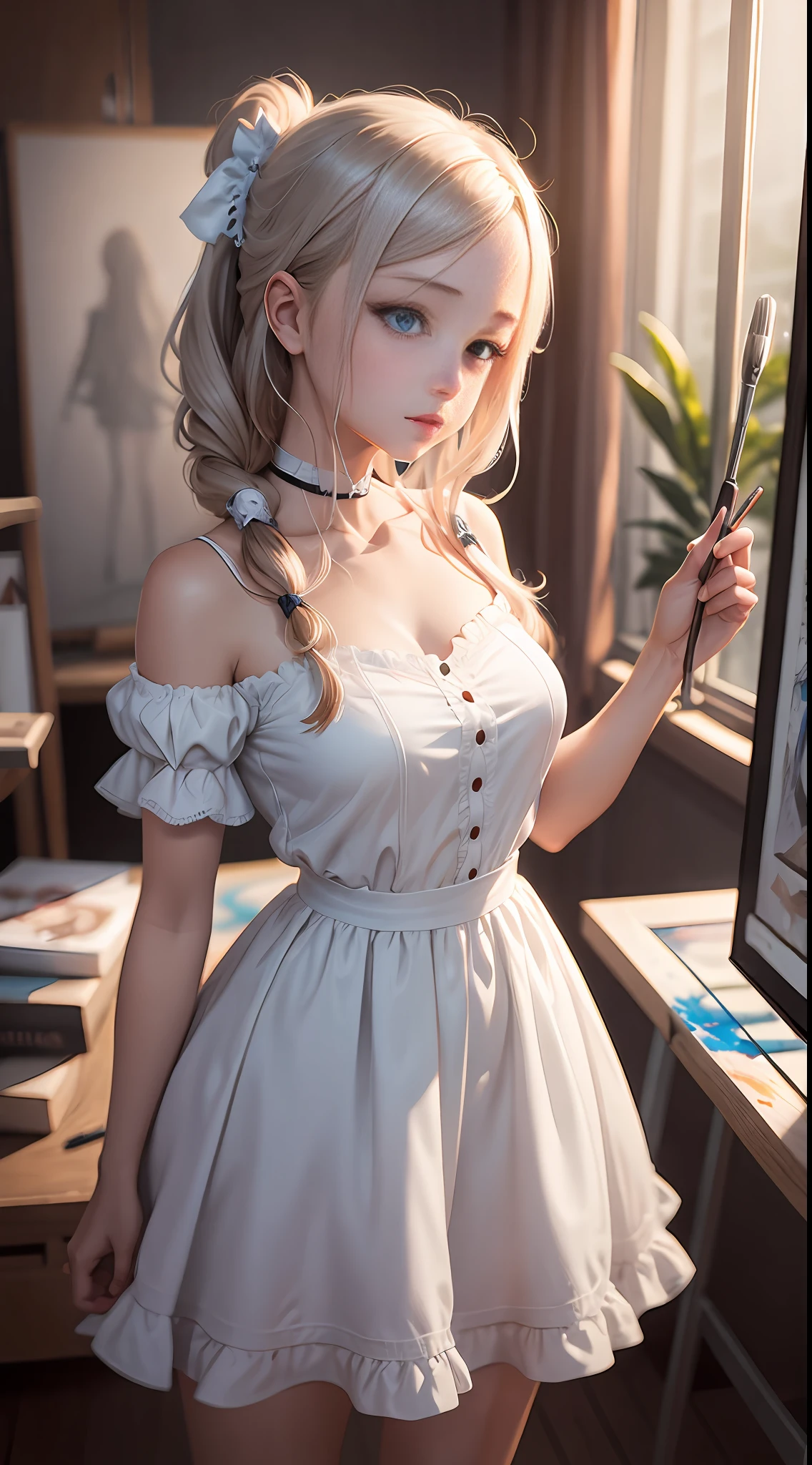 A girl in a white dress, indoors, painting, easel, drawing board, [realistic girl, seductive anime girl, beautiful and smooth CG art, 3d anime, realistic rendering, surreal student, digital art 4K] --auto --s2