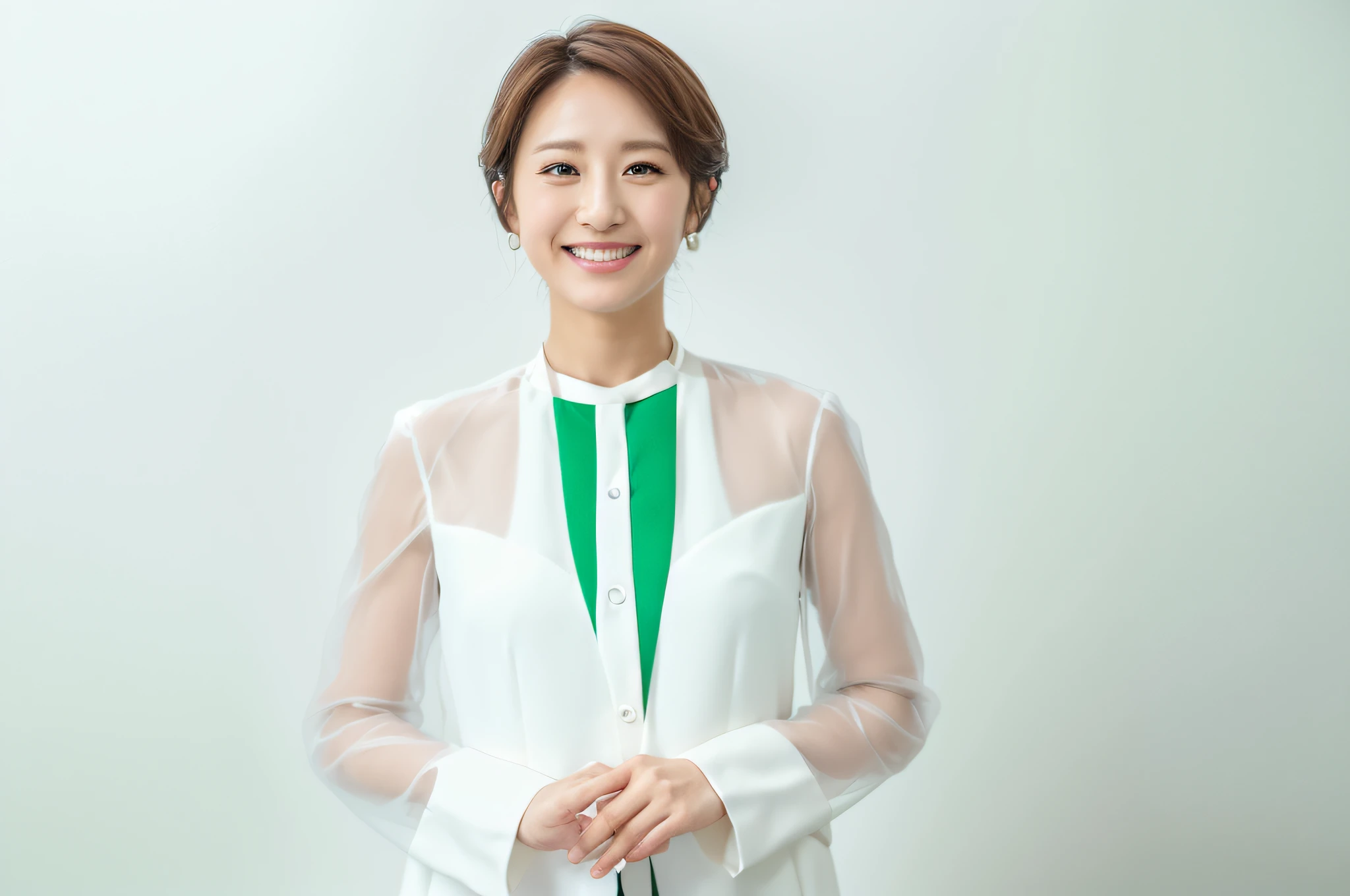 Mei Nagano, Mio Imada, Midori Ishida, official product images, office clothes, white and green uniforms, white plastic, full body photos, official product photos, catalog photos, catalog photos, detailed images, office dress women, white background, full body photos, simple background, ((realistic lighting, top quality, 8K, masterpiece: 1.3)), clear focus: 1.2, 1 girl, (dark brown hair)), (white dress:1.4), Super Fine Face, Fine Eyes