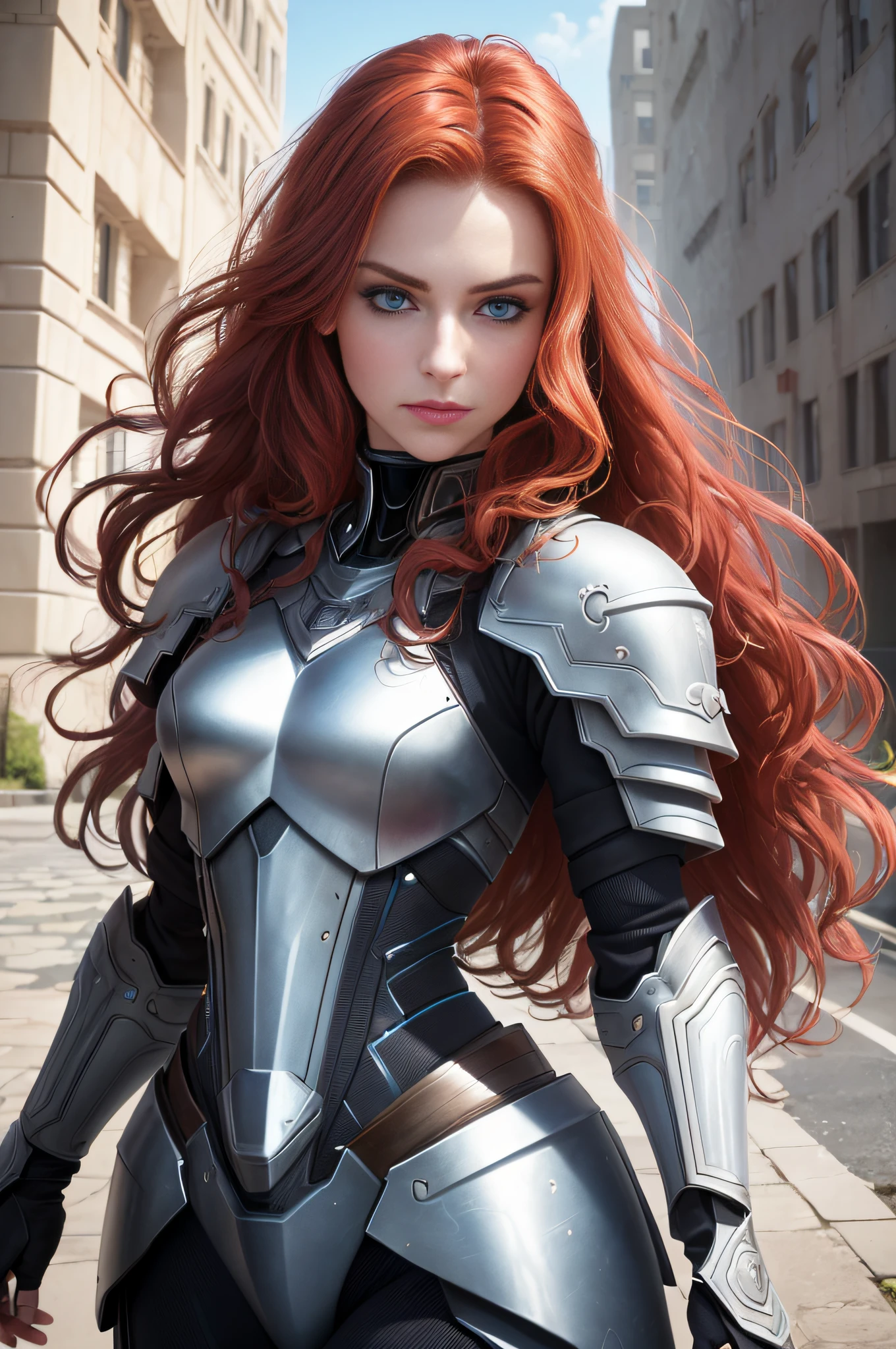 A Valkyrie, (long crimson hair, big waves: 1.5), (melon face: 1.3), (royal sister: 1.5), (8K, best quality: 1.2), (masterpiece: 1.2), (ultra-high resolution: 1.5), (white knight armor: 1.1), (gorgeous armor: 1.1), (high definition: 1.2), (blue eyes: 1.5), (highly detailed photos: 1.2), (Central European mixed beauty: 1.5), (Serious Expression: 1.2), (Young: 1.5), (Real Face Detail: 1.5), (Real Skin Detail: 1.6), (3D: 1.4), (Cyberpunk: 1.1), (Doomsday City Ruins Background: 1.1), (Photo Texture: 1.4), (Realistic: 1.3), (Small Mouth: 1.3), (Soft Face Contour: 1.3), (Face Close-up: 1.3)