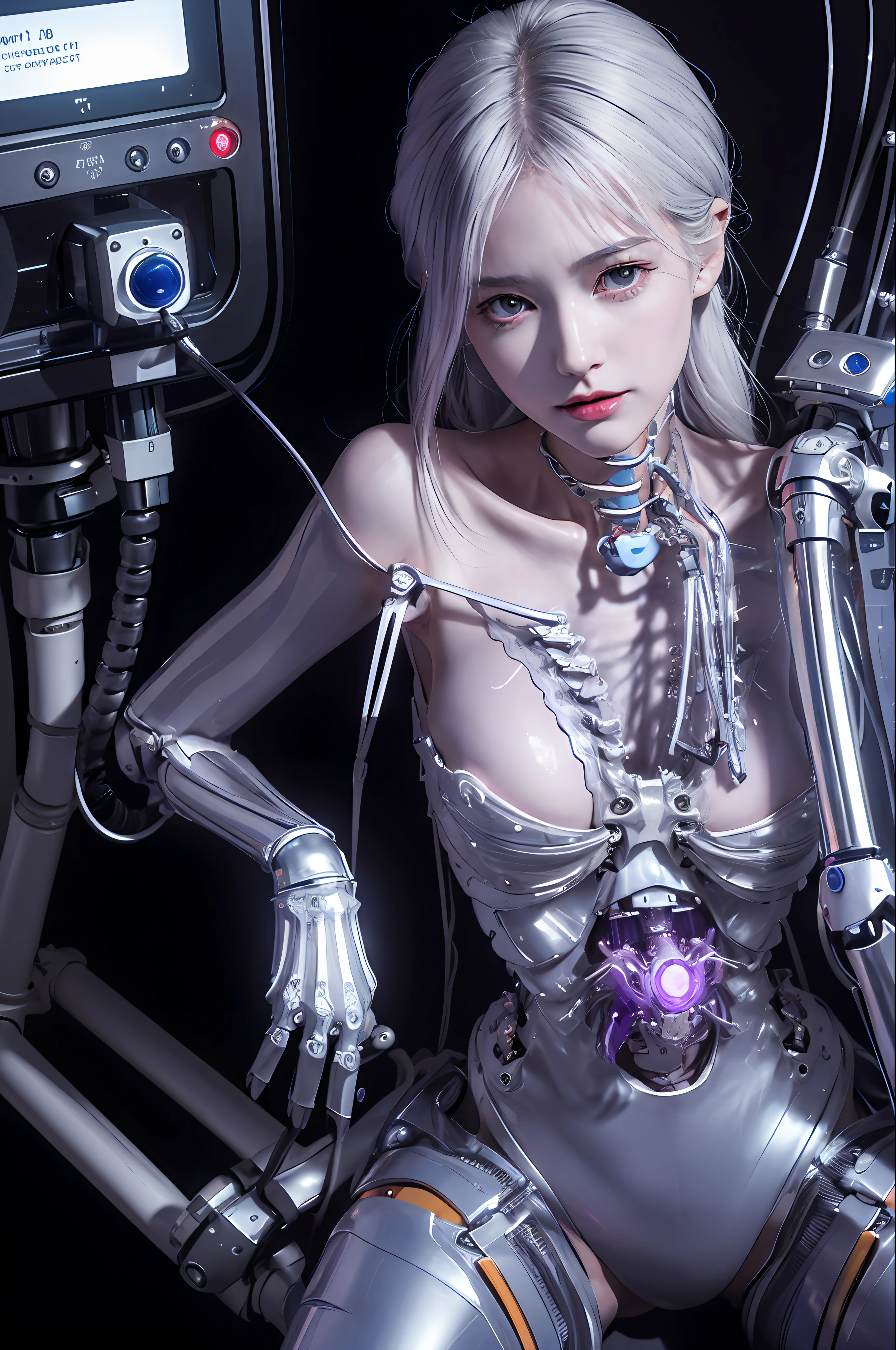 (((Masterpiece)))), (((highest quality)))), ((Ultra Definition)), (Very Detailed Photoreality), (((Very Delicate and Beautiful)), (Delicate and Pretty Face), Cinematic Light, (((1 Machine Girl)), Solo, Full Body, Big, Cleavage Is Visible Skin, White Hair, Purple Eyes, Luminous Eyes, (Mechanical Joint: 1.4), (Mechanical limbs)), (Blood vessels connected to tubes), (( Mechanical vertebrae attached to the back)), ((Cervical vertebrae of the machine) attached to the neck)), (((sitting)), expressionless, (wires and cables attached to the head and body: 1.5), (character focus), small LED lamps on the body, Evangelion, SF, metallic body, detailed neon