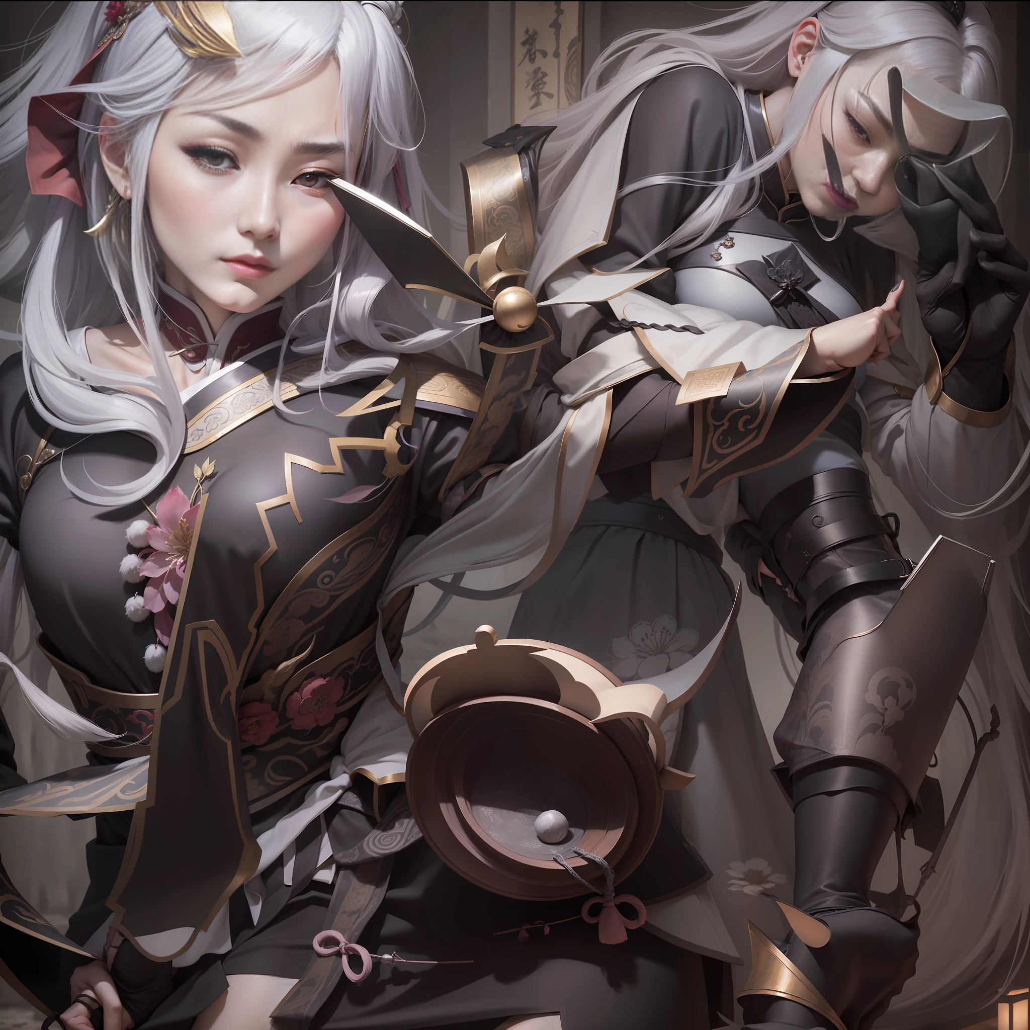Masterpiece, Best, Night, Full Moon, 1 Female, Mature Woman, Chinese Style, Ancient China, Elder Sister, Royal Sister, Cold Face, Expressionless, Silver White Long Haired Woman, Pale Pink Lips, Calm, Intellectual, Three Belts, Gray Hitomi, assassin, dagger, flower ball background, street view