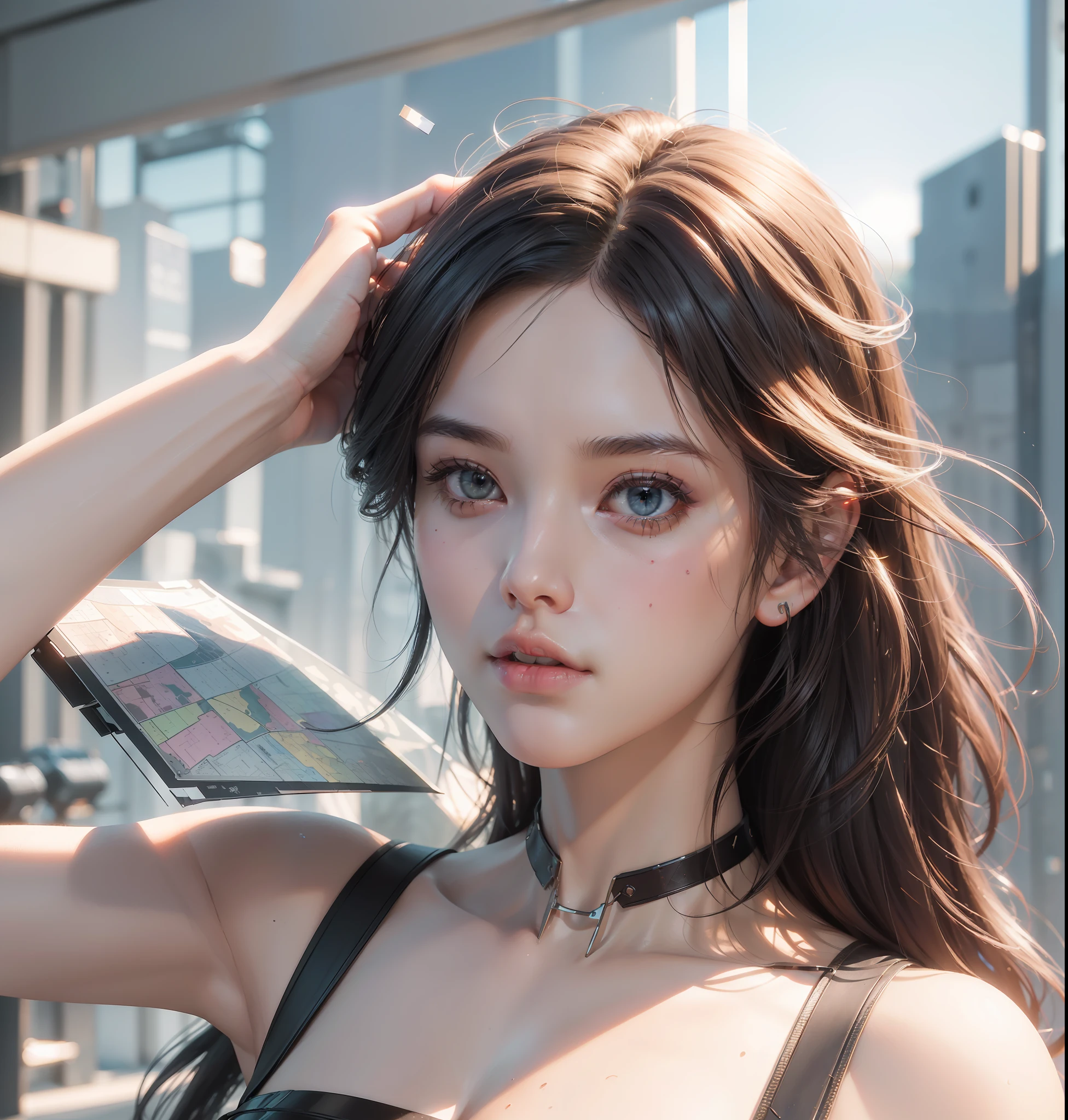 (Best Quality), ((Masterpiece), (Detail: 1.4), 3D, A Beautiful Cyberpunk Woman, HDR (High Dynamic Range), Ray Tracing, NVIDIA RTX, Super-Resolution, Unreal 5, Subsurface Scattering, PBR Textures, Post-Processing, Anisotropic Filtering, Depth of Field, Maximum Sharpness and Clarity, Multi-layer Textures, Albedo and Highlight Maps, Surface Shading, Accurate simulation of light-material interactions, perfect proportions, Octane Render, two-color light, large aperture, low ISO, white balance, rule of thirds, 8K RAW