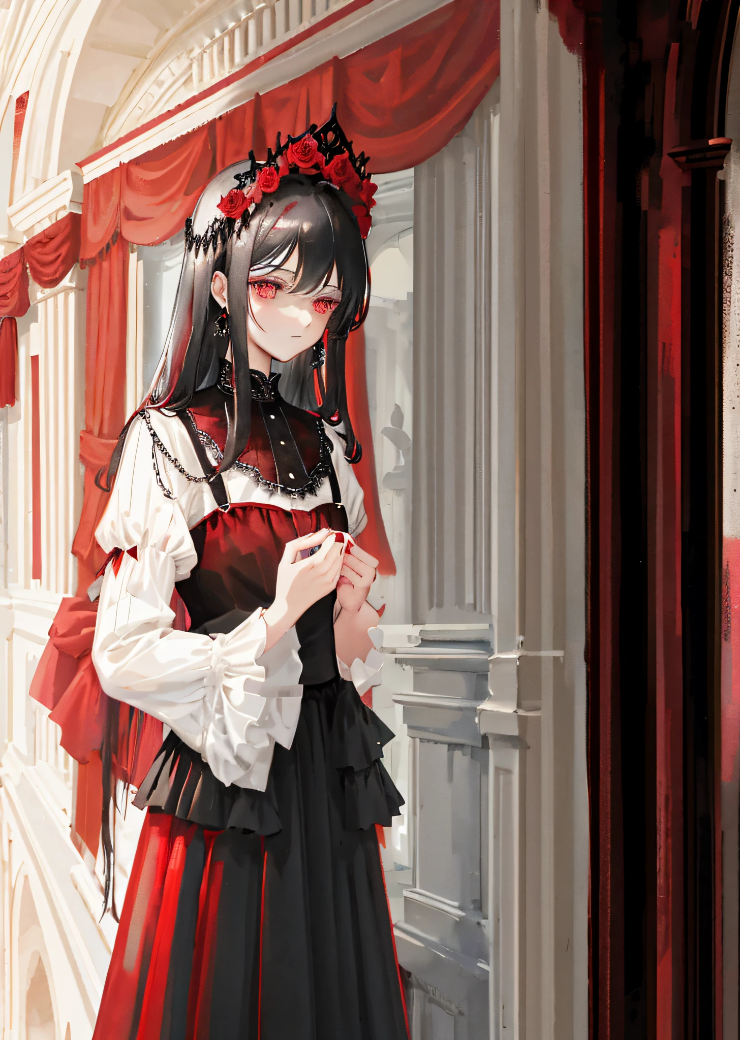 Mainly red and black, the skirt and cuffs have lace patterns, dark gothic style, the lower part of the red skirt has a circle of black skirt folds, and then a layer of red skirt below, so five layers, there are red and black roses opposite the color of the skirt on the side, prosperous and beautiful, young men and girls, black hair, shiny eyes, red eyes, masterpieces, illustrations, headdresses, hyperdetails, a pair of brothers and sisters, the brother wears a black suit, solemn, handsome