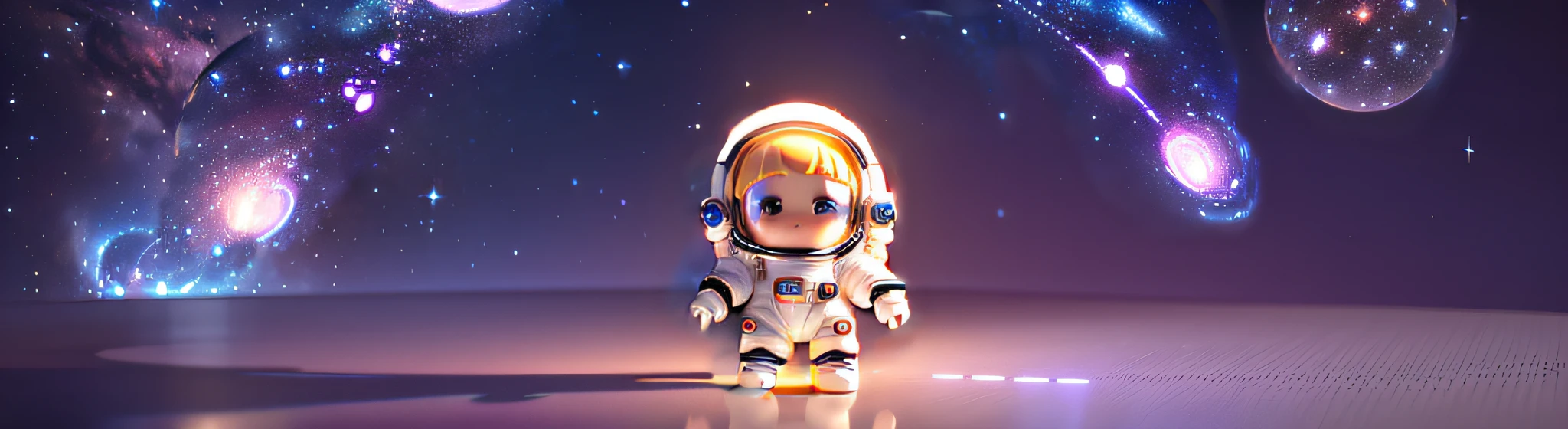 Super cute girl full body 3D picture, 1pc, good looking eyes, big eyes, cute, happy, c4d, pop matt blind box, white long hair, glowing bubbles, toys, solid color background, chibi, fluorescent translucency, luminous body, kawaii, doll, (((astronaut, spacesuit))), reference table, pop mart blind box, Pixar, complex details, 3d rendering, blender, OC renderer, fol body reference sheet, dribble, high details, 8k, studio lighting, li, pee, childbi, standard definition characters: 1.1, --v6