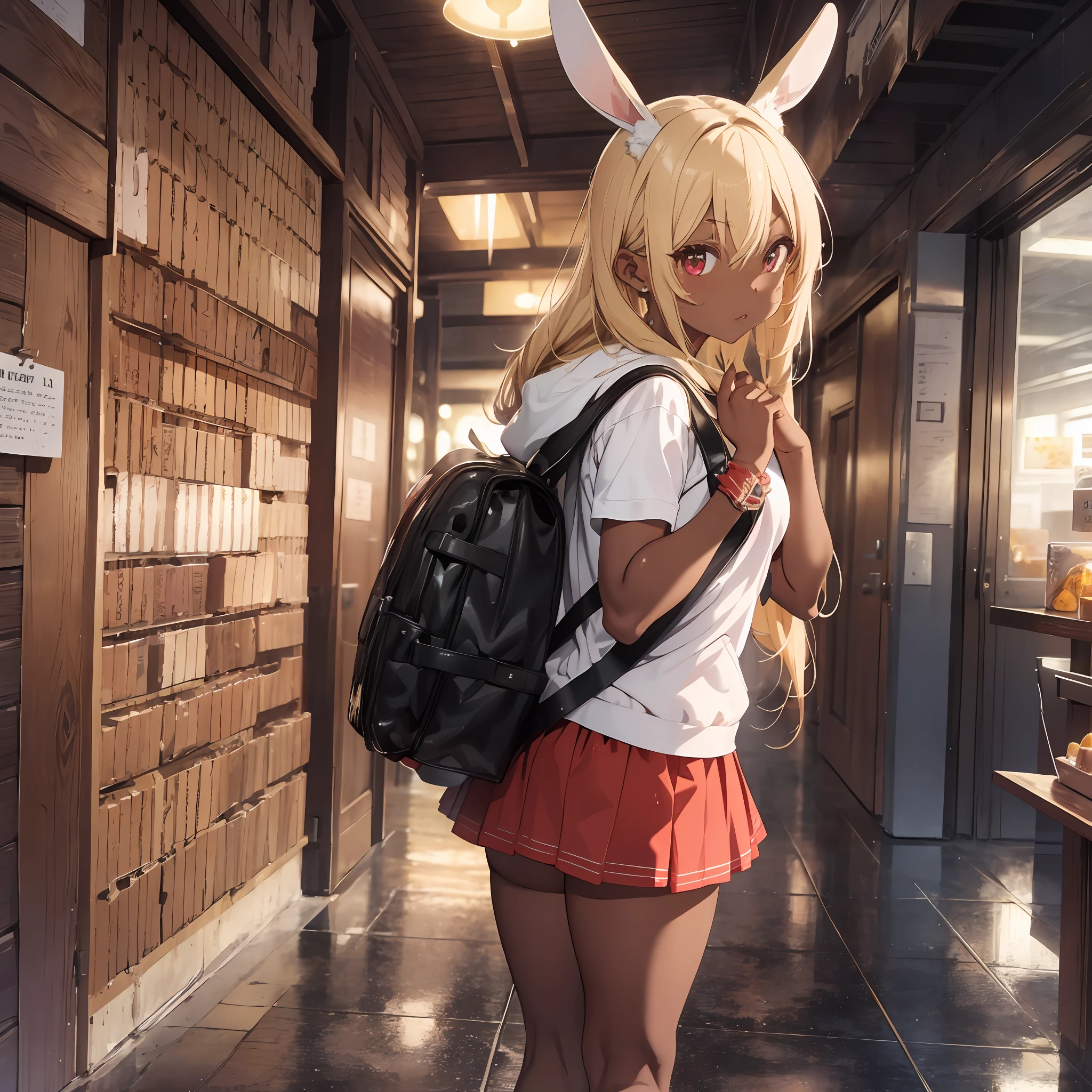 Ear-popping blonde hair, full body red party dress, thick eyebrows, huge backpack, party venue, (dark skin: 1.3), brown skin, movie lighting, small, rabbit ears, (masterpiece), ((highest quality)), (super detailed), glossy skin, full body anime girl, clean and detailed anime face, high resolution anime eyes, five fingers, textile shading, Perfect human structure, perfect anatomy,