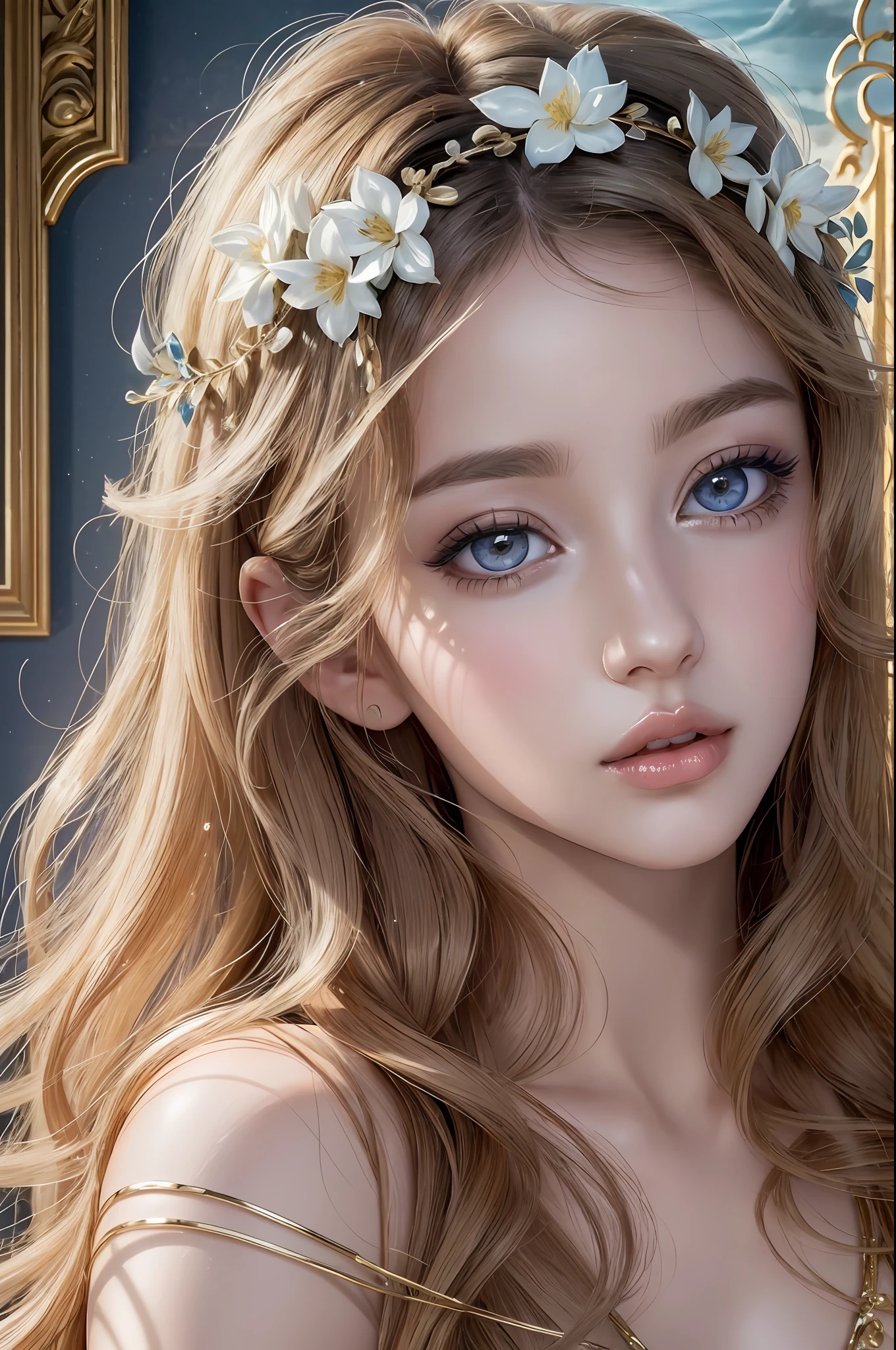 Absurd, ultra-detailed, high quality, detailed face, beautiful eyes, Aphrodite was a vision of ethereal loveliness, radiating an enchanting aura that captivated all who beheld her. She possessed a grace that seemed otherworldly and a charm that could sway even the most steadfast hearts. Whole body