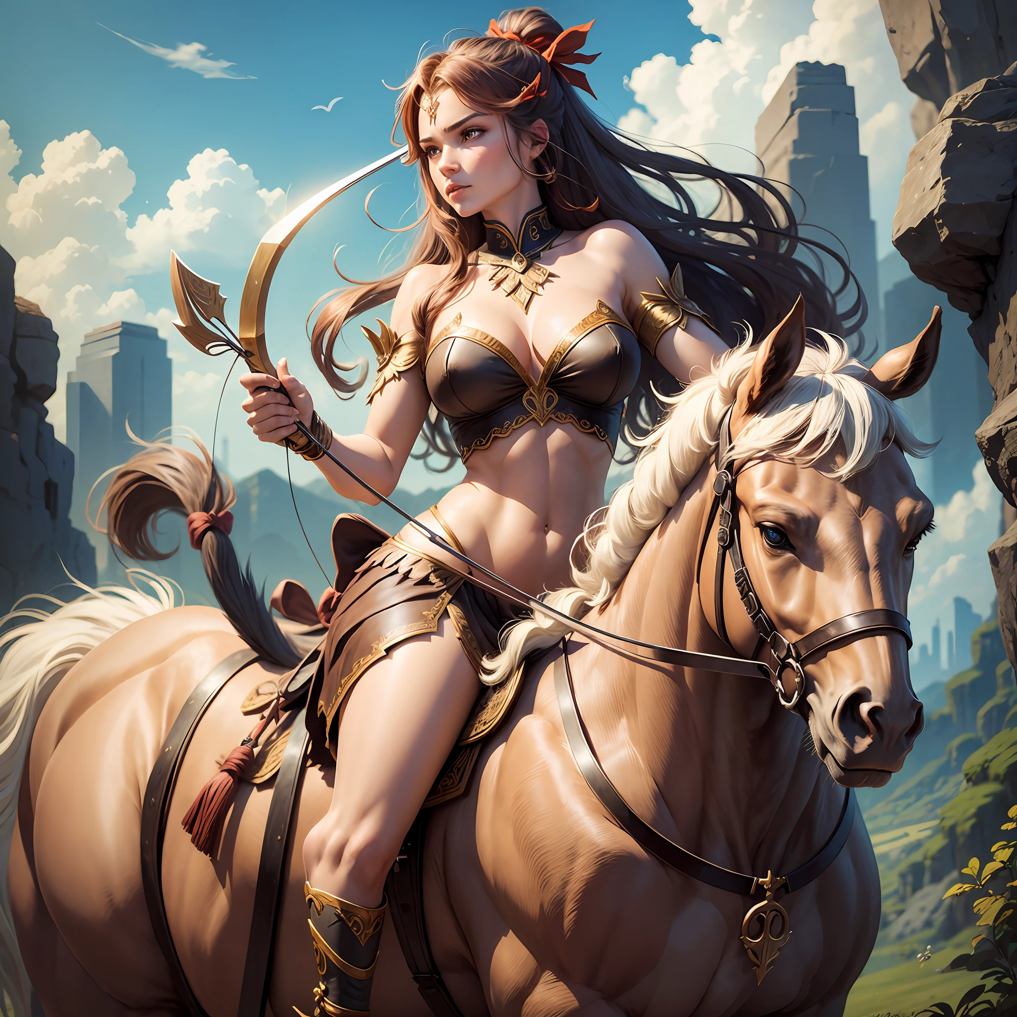 A centaur woman with a bow and arrow looks into the distance --auto --s2