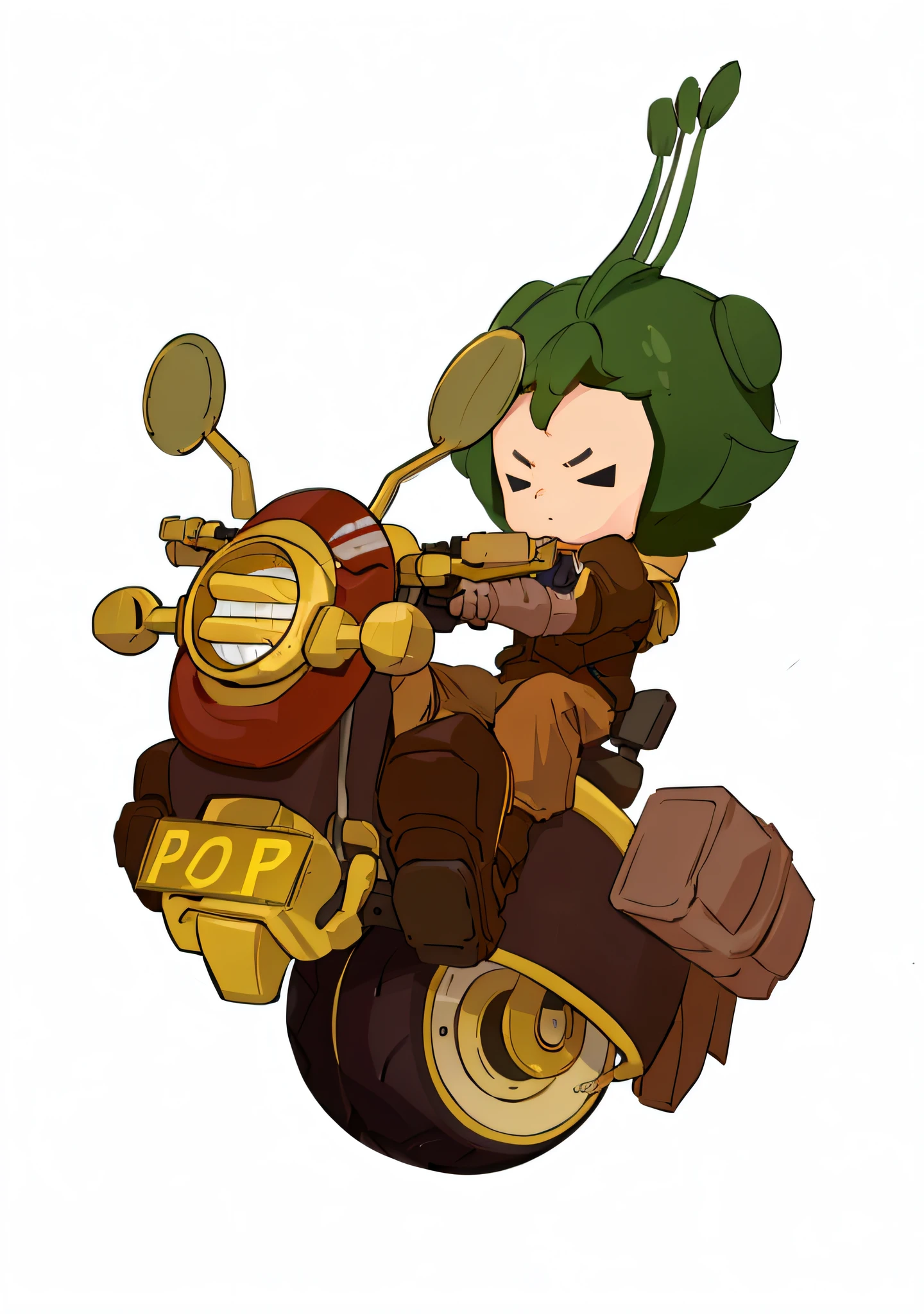 Little boy riding motorcycle with helmet, three-star heap elements, cartoon, motorcycle suit, wearing gloves