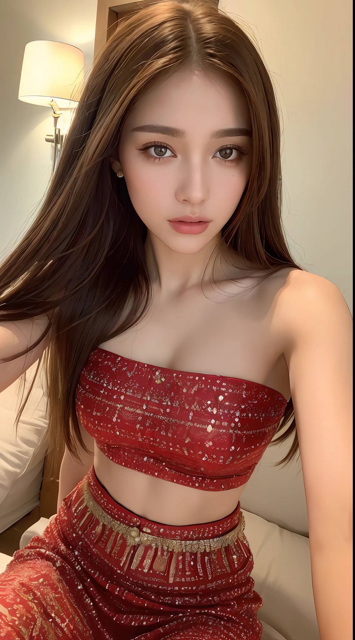 ((Realistic light, best quality, 8k, masterpiece: 1.3)), selfie, 1 girl, stroking, beautiful woman with perfect figure: 1.4, abs: 1.1, (brown hair: 1.5), red Arabic dress: 1.2, bed, super detailed face, detailed eyes, double eyelids