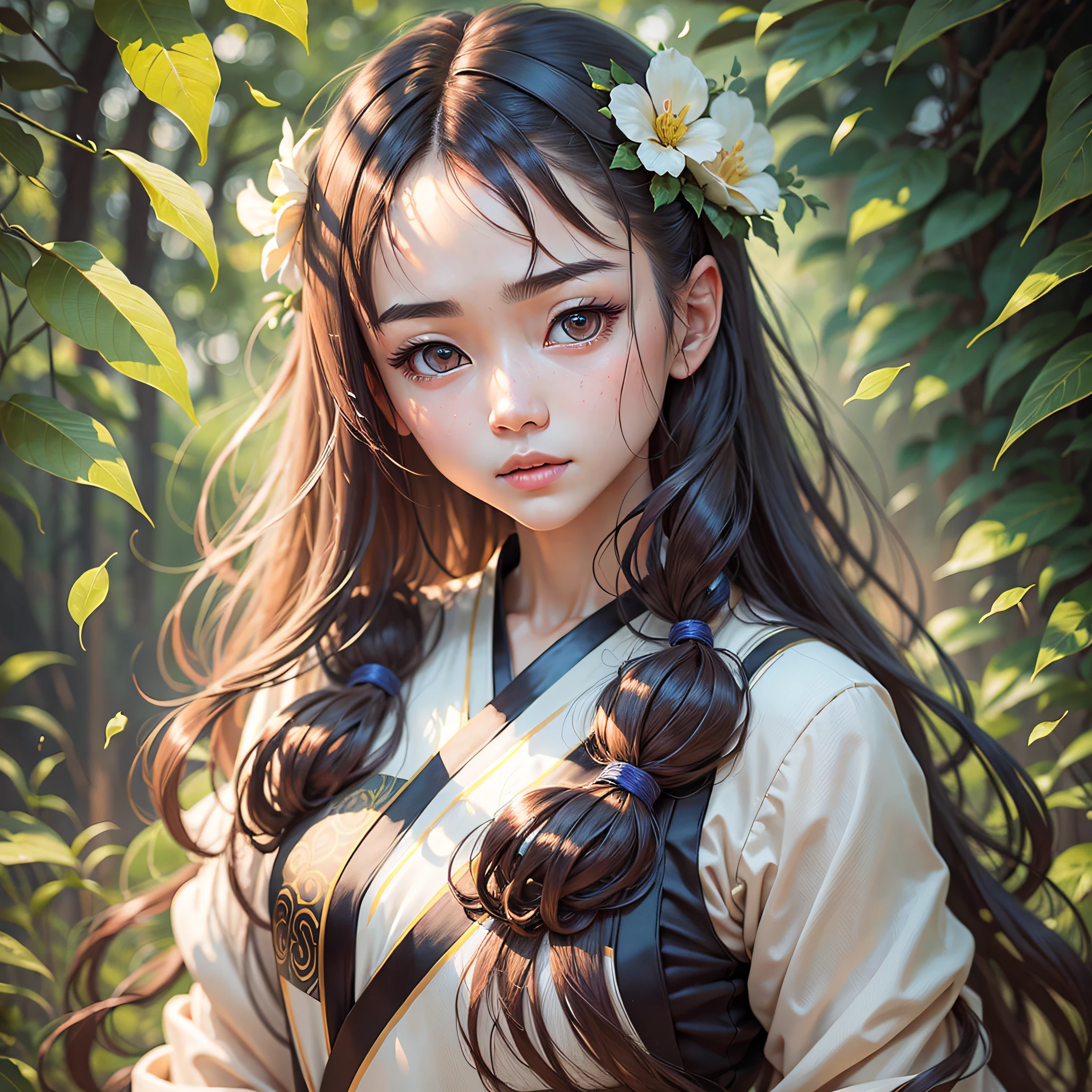 8k, full body, focal length: 1.2, medium chest, beautiful and detailed face, slender waist, shy lips, girl, big eyes, highest quality, hyperdetail, long hair, hanfu, clothes covering the whole body, no flesh, soft portrait shooting, hyperrealist art style --auto --s2