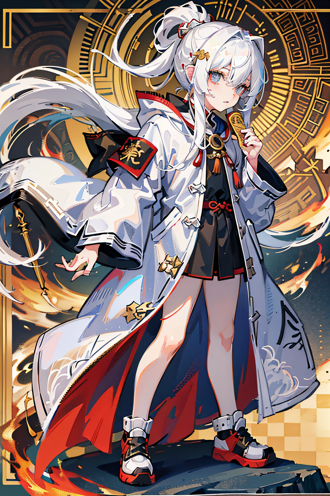 Maiden, white hair, dragon girl, hooded sweatshirt, coat, Chinese dragon horn, golden pupils, long hair, looking to the sky, clear image, 8k resolution, very detailed, digital painting, full body portrait, sneakers, dragon clan, spear.