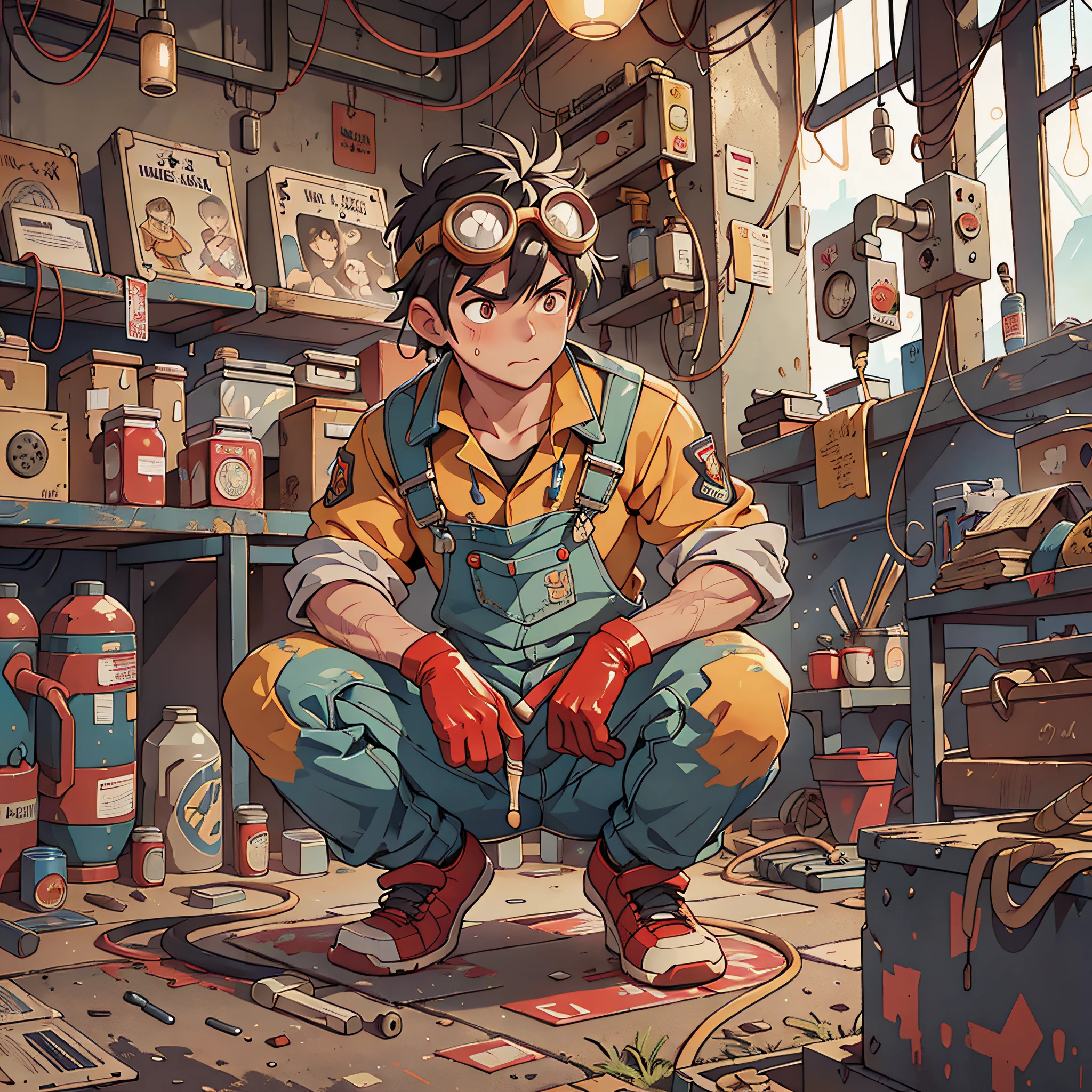 Masterpiece, best quality, super detailed, illustration, 1boy, firefighter, solo, shiny, reflective, latex, overalls, sexy, body, squat, detailed, work shoes, fire dragon, messy, workshop, industrial, black, red, silver, metal, gloves, goggles, protection, equipment, machinery, tools, sparks, dirt, dirt, oil, stains, sweat, exhaust, pipes, meters, dials, buttons, levers, cables, wires, hydraulics, systems, Hydraulic presses, cranes, pulleys, welding, torches