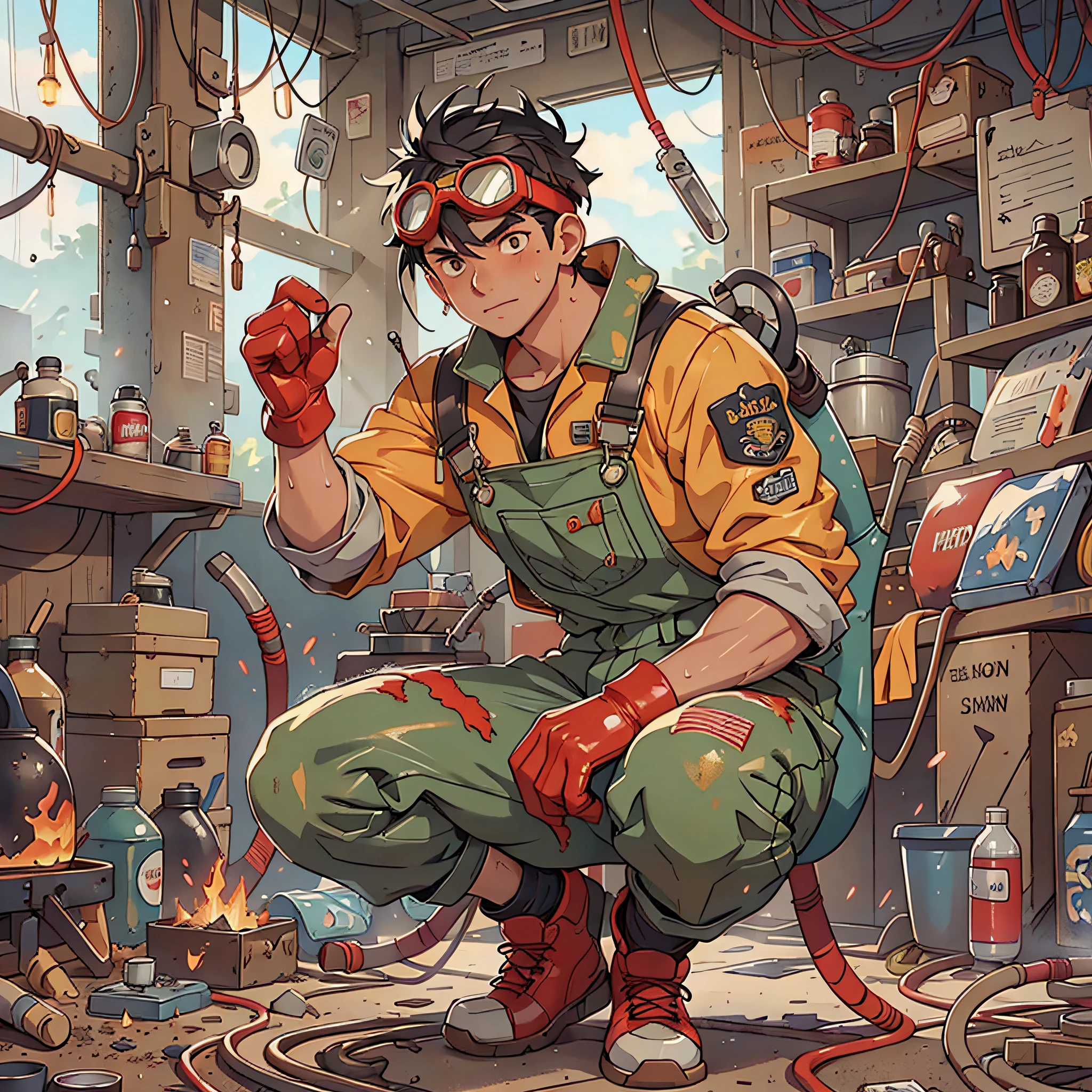 Masterpiece, best quality, super detailed, illustration, 1boy, firefighter, solo, shiny, reflective, latex, overalls, sexy, body, squat, detailed, work shoes, fire dragon, messy, workshop, industrial, black, red, silver, metal, gloves, goggles, protection, equipment, machinery, tools, sparks, dirt, dirt, oil, stains, sweat, exhaust, pipes, meters, dials, buttons, levers, cables, wires, hydraulics, systems, Hydraulic presses, cranes, pulleys, welding, torches