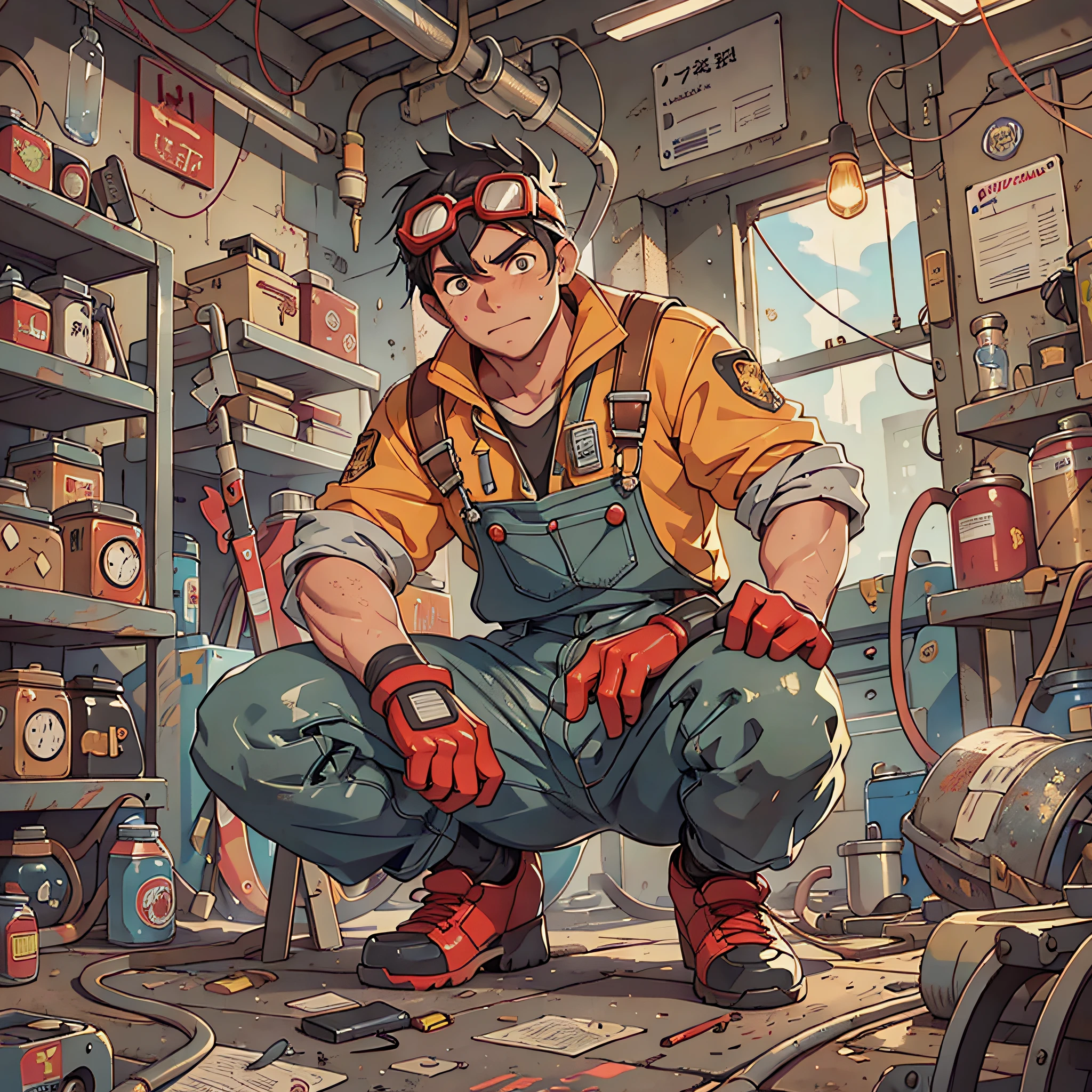 Masterpiece, best quality, super detailed, illustration, 1boy, firefighter, solo, shiny, reflective, latex, overalls, sexy, body, squat, detailed, work shoes, fire dragon, messy, workshop, industrial, black, red, silver, metal, gloves, goggles, protection, equipment, machinery, tools, sparks, dirt, dirt, oil, stains, sweat, exhaust, pipes, meters, dials, buttons, levers, cables, wires, hydraulics, systems, Hydraulic presses, cranes, pulleys, welding, torches