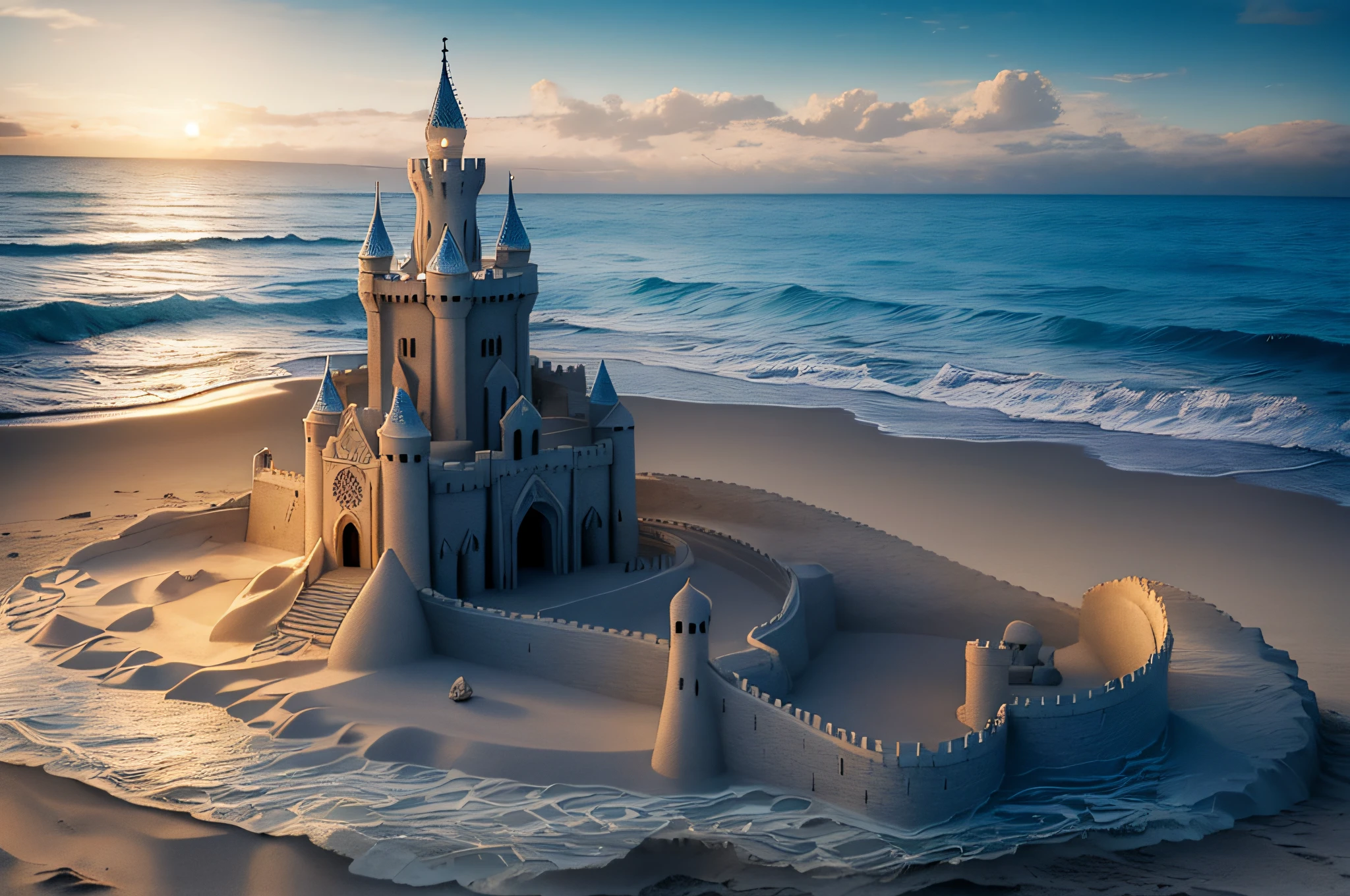 arafed sand castle on the beach with waves coming in, sandcastle, fantasy castle, beautiful castle, sand sculpture, extremely detailed sand, (fantasy), beautiful render of a fairytale, by Alexander Kucharsky, magical castle, by Alexey Venetsianov, by Dan Christensen, fairy tale place, castle, victorian arcs of sand, fantasy setting