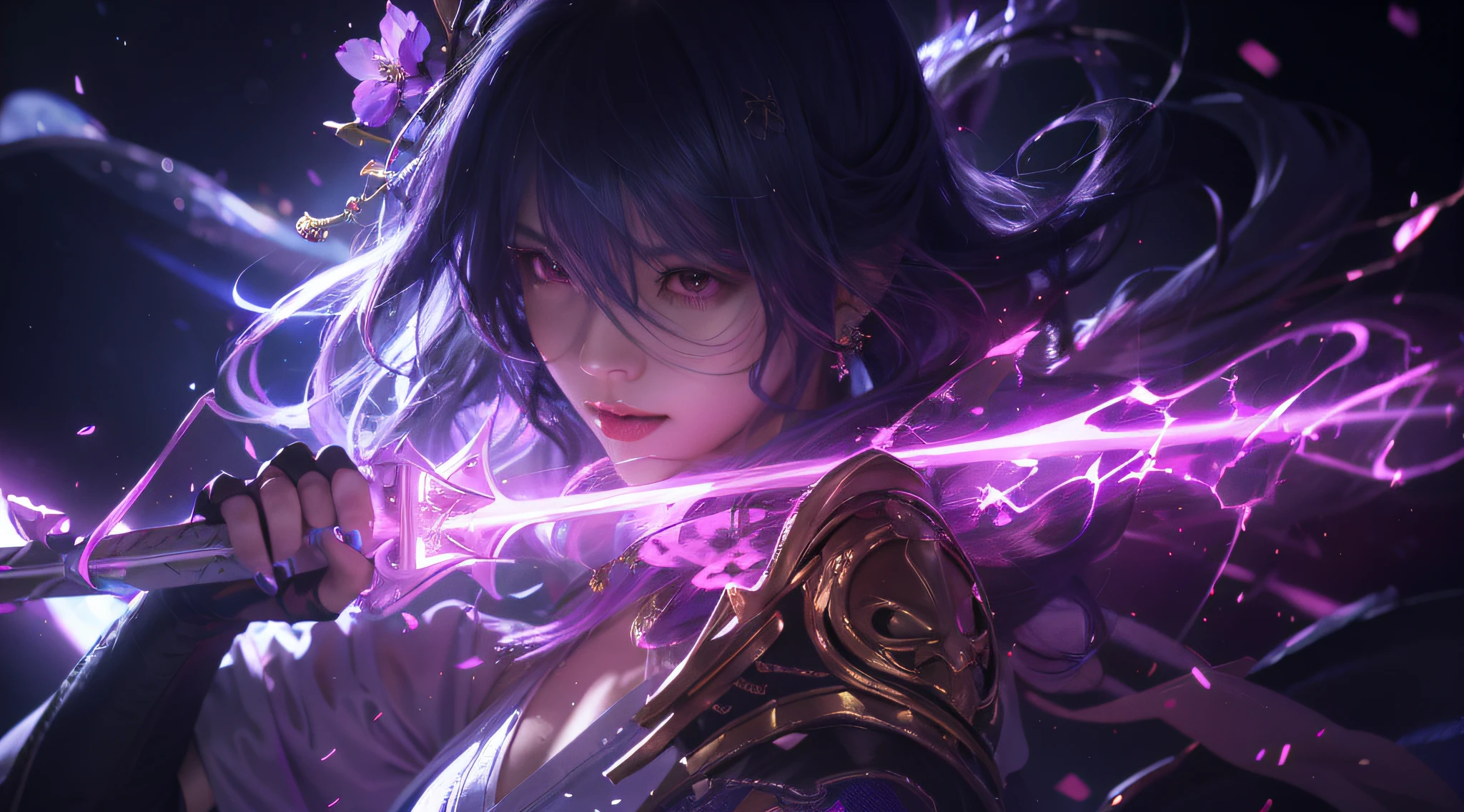 anime girl with sword and purple light in her hand, portrait knights of zodiac girl, extremely detailed artgerm, by Yang J, detailed digital anime art, artgerm detailed, astri lohne, cushart krenz key art feminine, ayaka genshin impact, black - haired mage, artgerm. anime illustration, trending artgerm