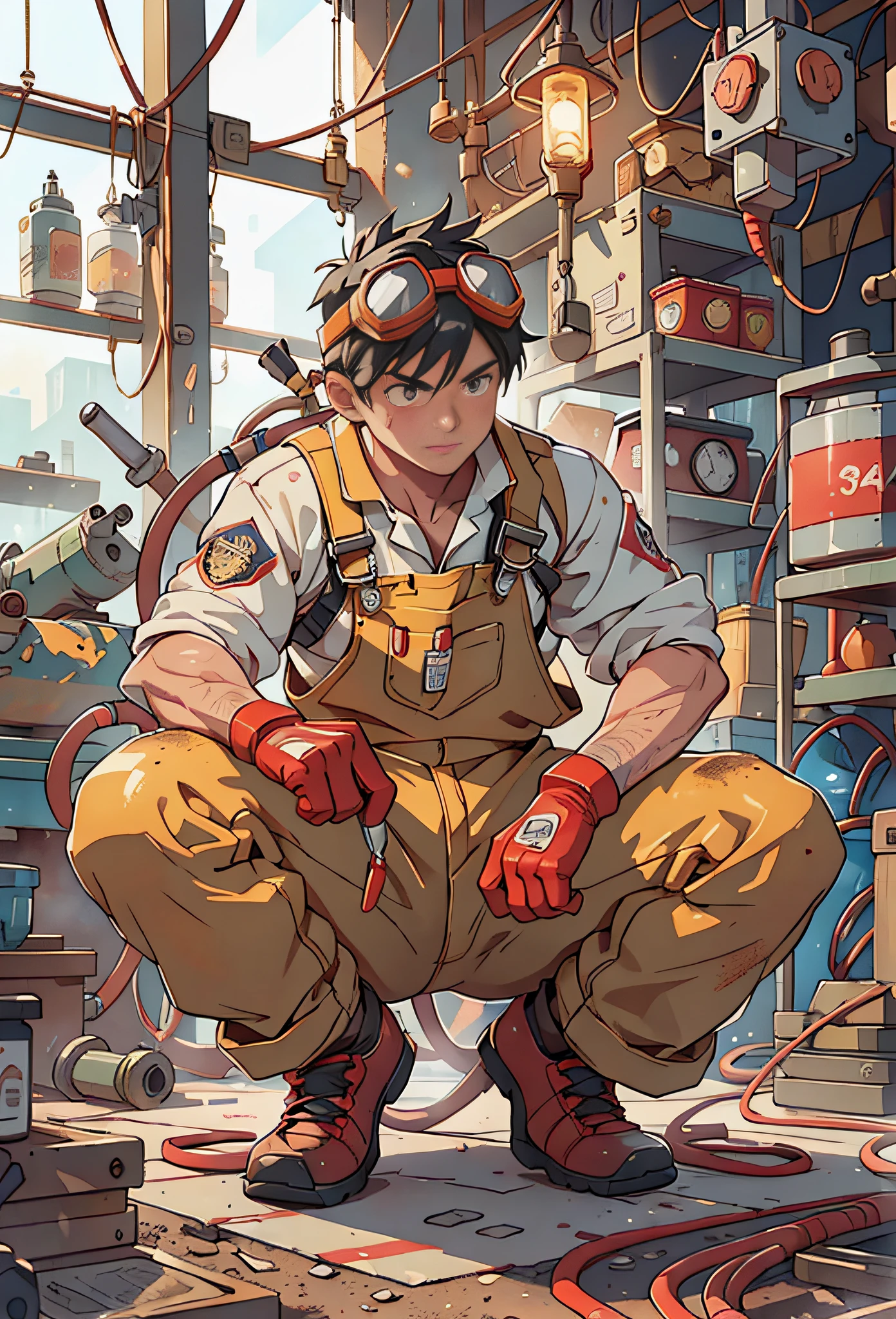 Masterpiece, best quality, super detailed, illustration, 1boy, firefighter, solo, shiny, reflective, latex, overalls, sexy, body, squat, detailed, work shoes, fire dragon, messy, workshop, industrial, black, red, silver, metal, gloves, goggles, protection, equipment, machinery, tools, sparks, dirt, dirt, oil, stains, sweat, exhaust, pipes, meters, dials, buttons, levers, cables, wires, hydraulics, systems, Hydraulic presses, cranes, pulleys, welding, torches