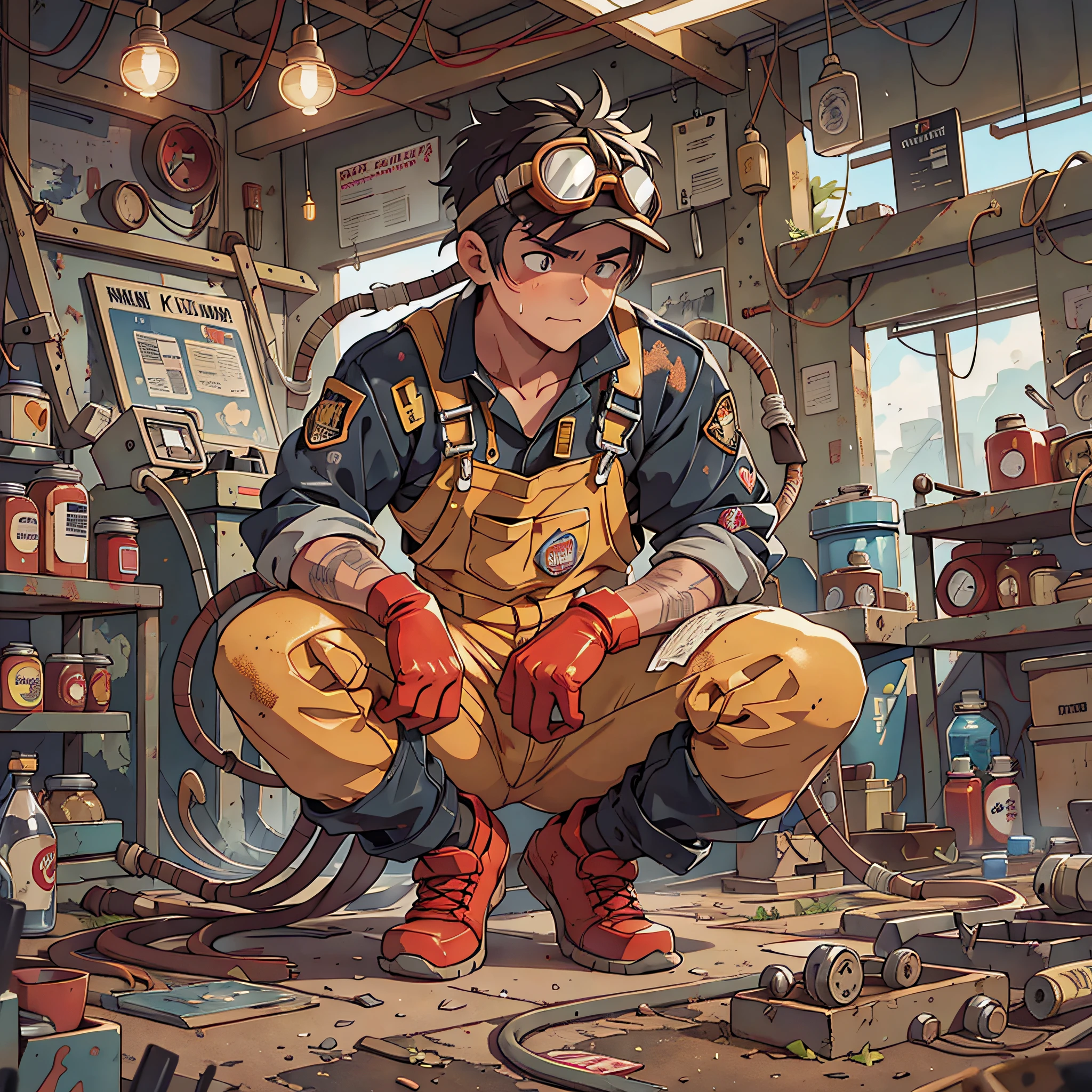Masterpiece, best quality, super detailed, illustration, 1boy, firefighter, solo, shiny, reflective, latex, overalls, sexy, body, squat, detailed, work shoes, fire dragon, messy, workshop, industrial, black, red, silver, metal, gloves, goggles, protection, equipment, machinery, tools, sparks, dirt, dirt, oil, stains, sweat, exhaust, pipes, meters, dials, buttons, levers, cables, wires, hydraulics, systems, Hydraulic presses, cranes, pulleys, welding, torches