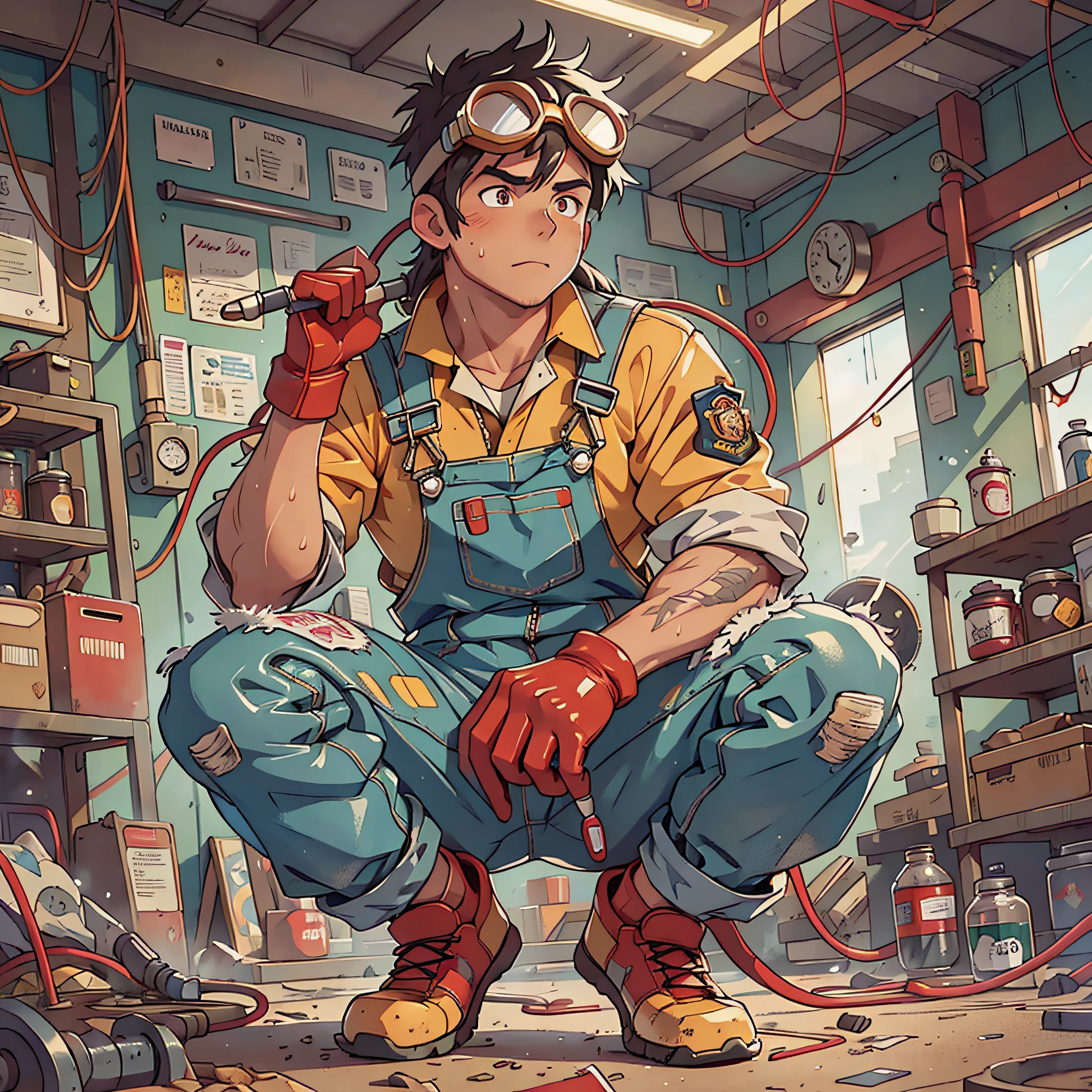 Masterpiece, best quality, super detailed, illustration, 1boy, firefighter, solo, shiny, reflective, latex, overalls, sexy, body, squat, detailed, work shoes, fire dragon, messy, workshop, industrial, black, red, silver, metal, gloves, goggles, protection, equipment, machinery, tools, sparks, dirt, dirt, oil, stains, sweat, exhaust, pipes, meters, dials, buttons, levers, cables, wires, hydraulics, systems, Hydraulic presses, cranes, pulleys, welding, torches
