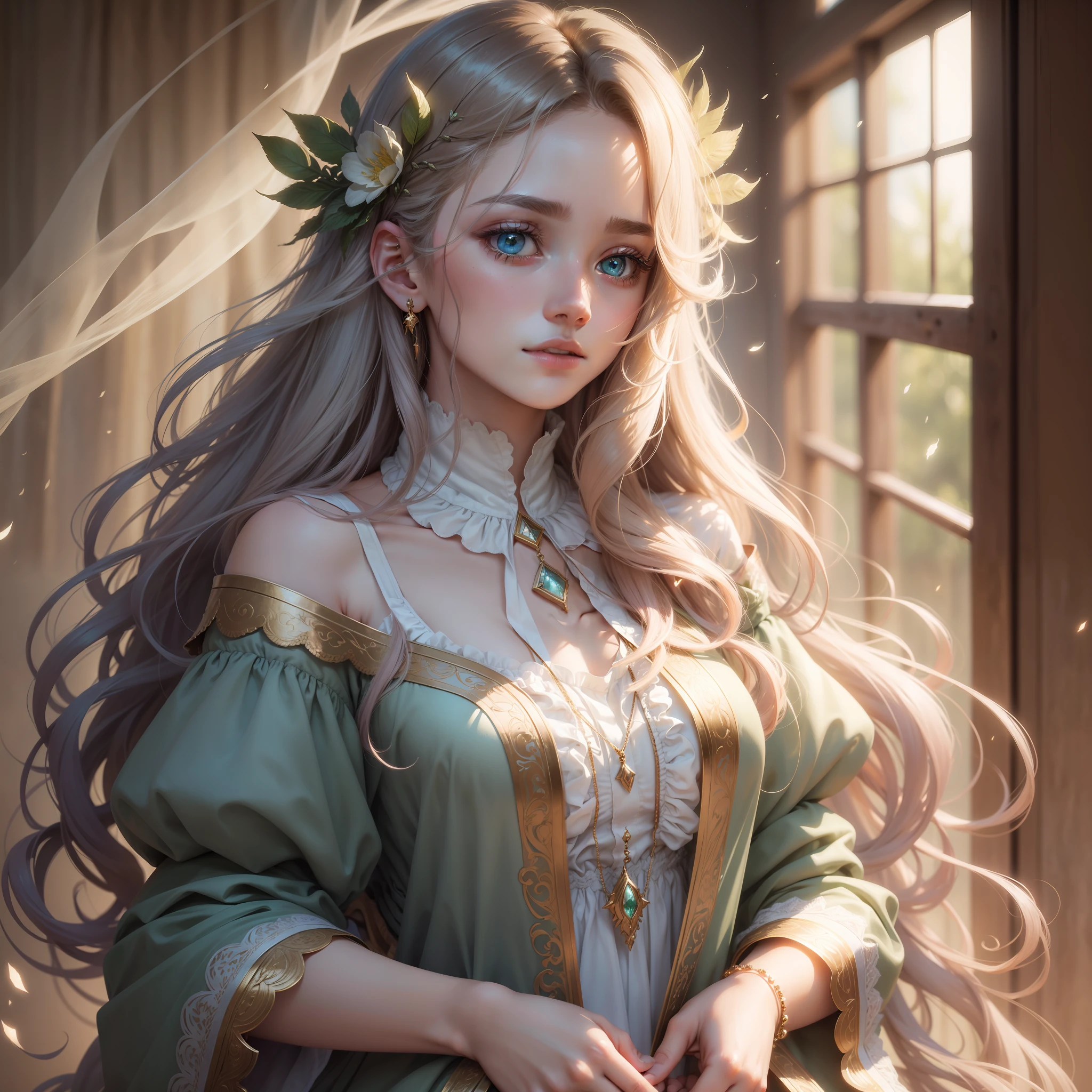 High quality, masterpiece, masterpiece, exquisite depiction of facial features, messy hair, delicate colored hair, peerless beauty, 4K picture quality, brilliant light and shadow, Tyndall effect, halo, messy hair, juvenile, gorgeous scene, delicate clothes, chains, feathers, unkempt hair, beautiful delicate eyes, a boy, dynamic angle, magician, frills, beautiful and detailed sky, beautiful golden long curls, green eyes, jewel eyes, gorgeous clothes, gorgeous, magic, blue fragments, Extremely delicate and beautiful, full-body, cute, white shirt, sunlight, detailed light and shadow