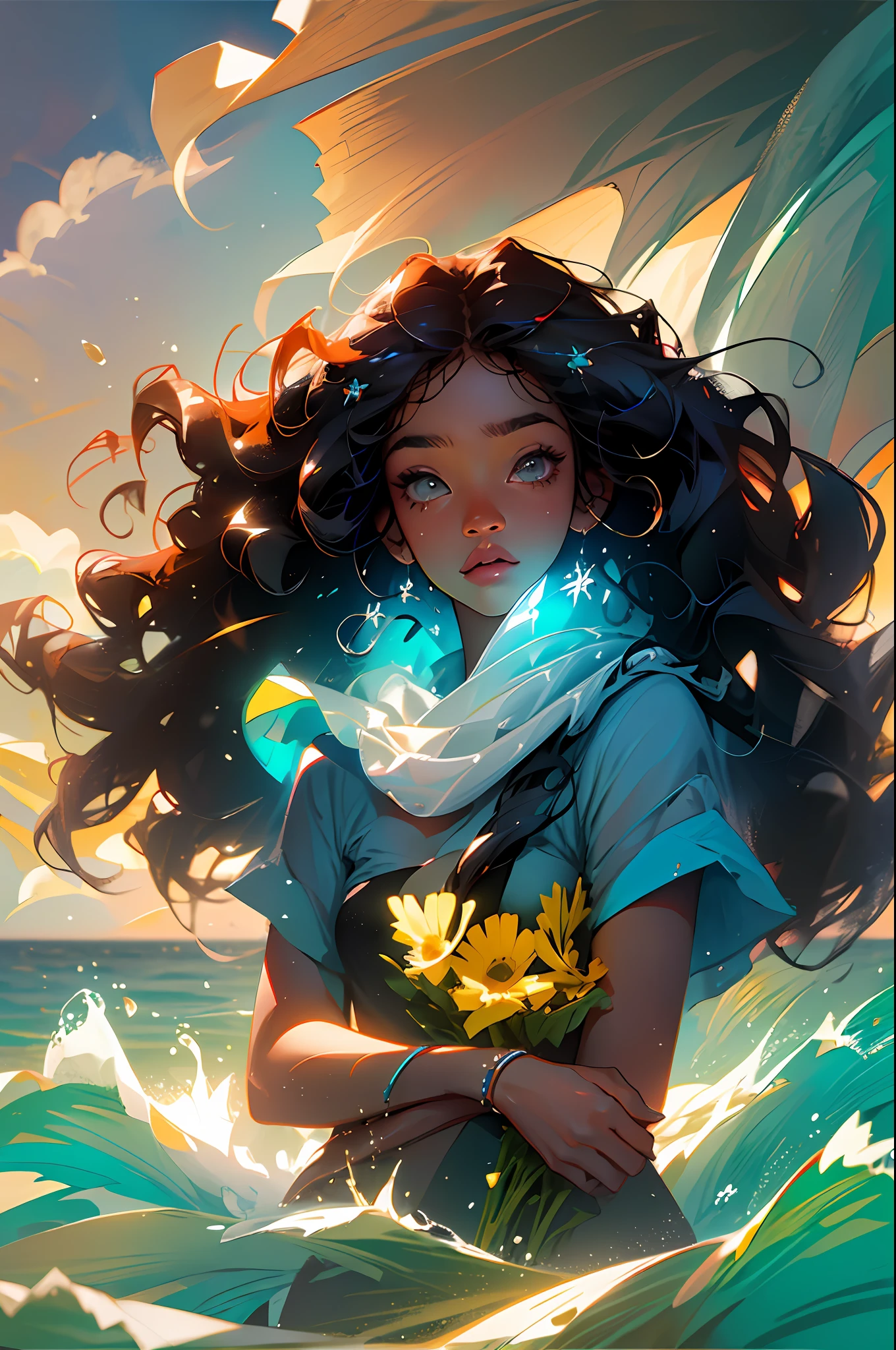 (best quality, masterpiece), 1girl, (dark skin), curly hair, wavy hair, bikini, ocean, in water, wet, sun, long hair, wind,